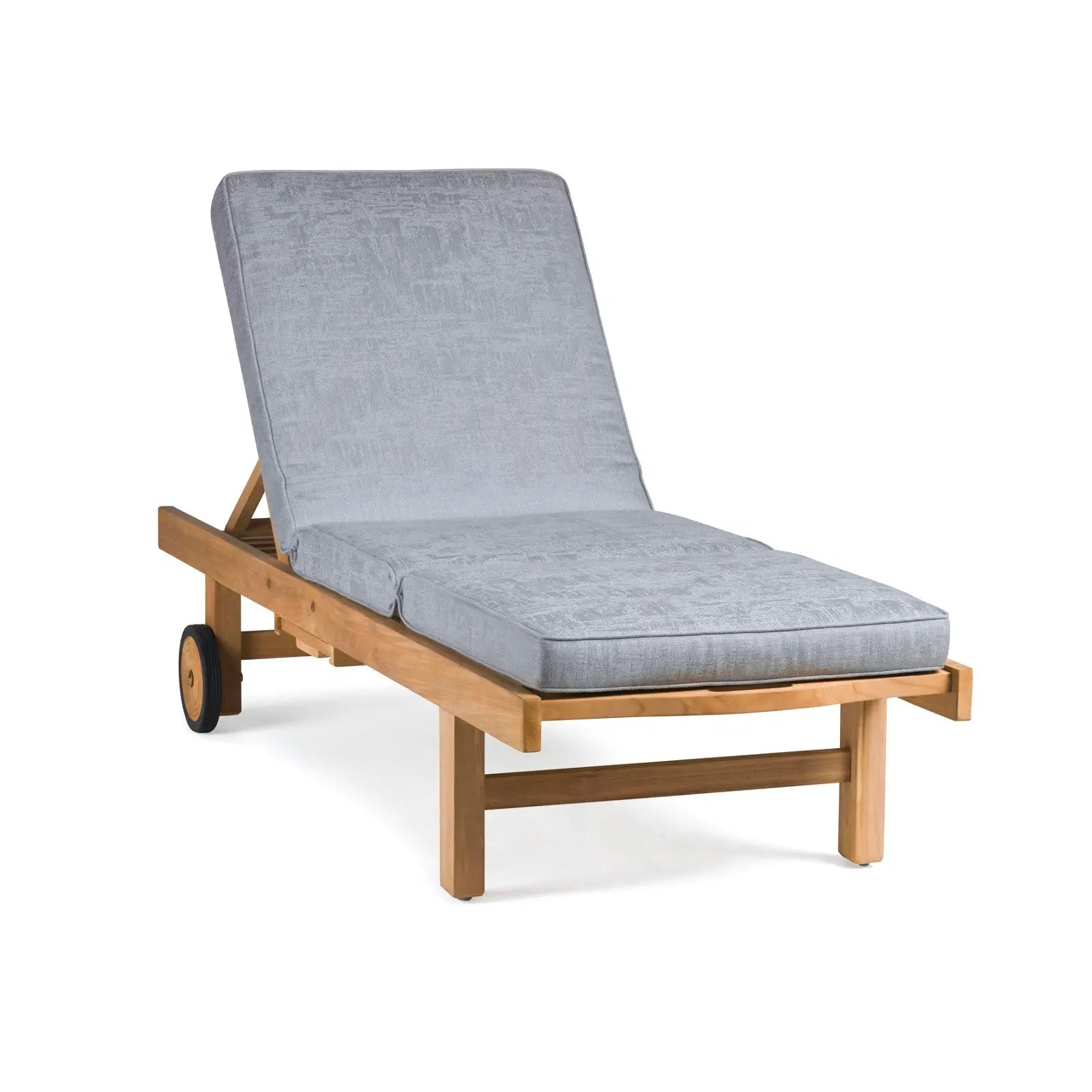 Teak sun lounger with gray cushions and adjustable backrest