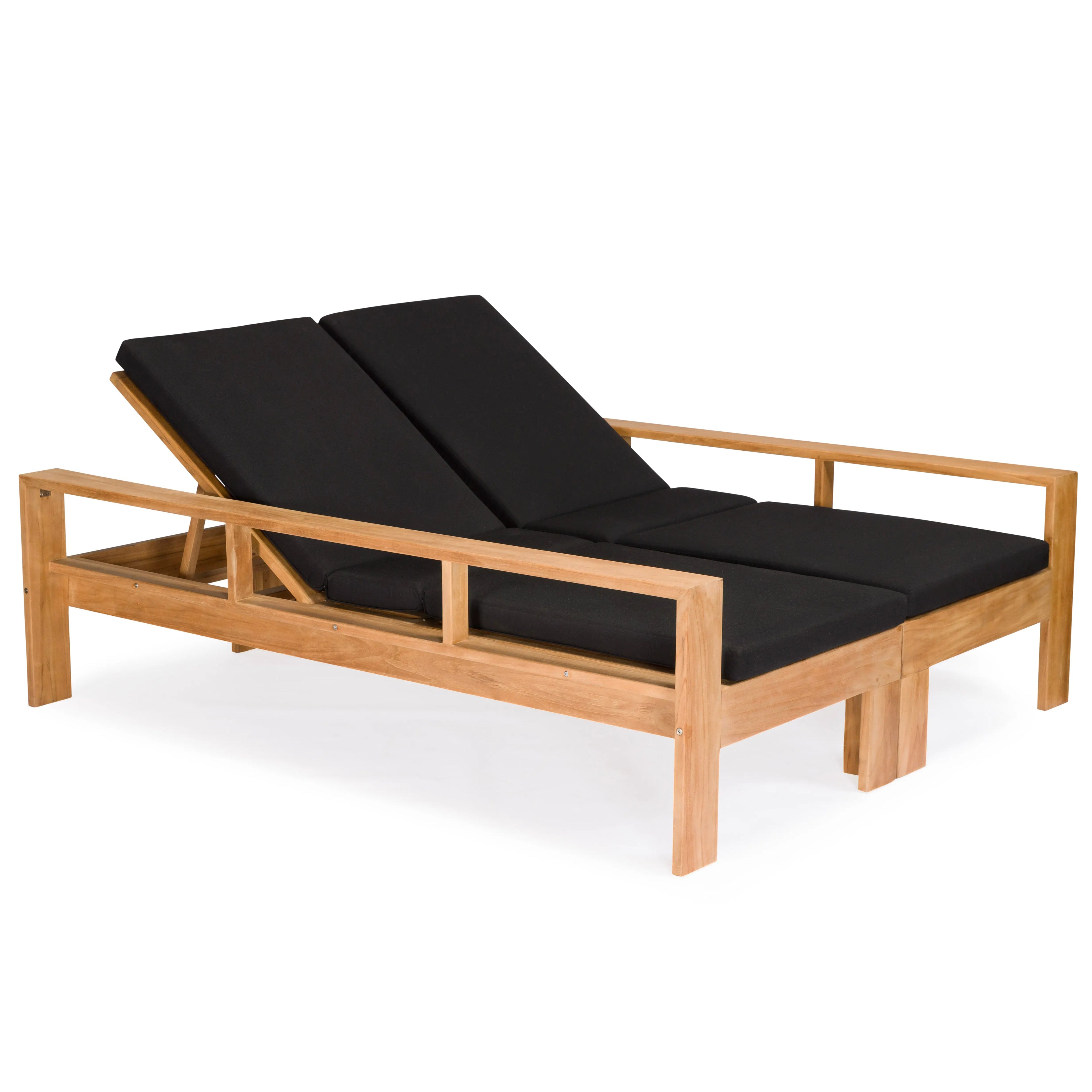 Teak wood outdoor adjustable sun loungers with black cushions