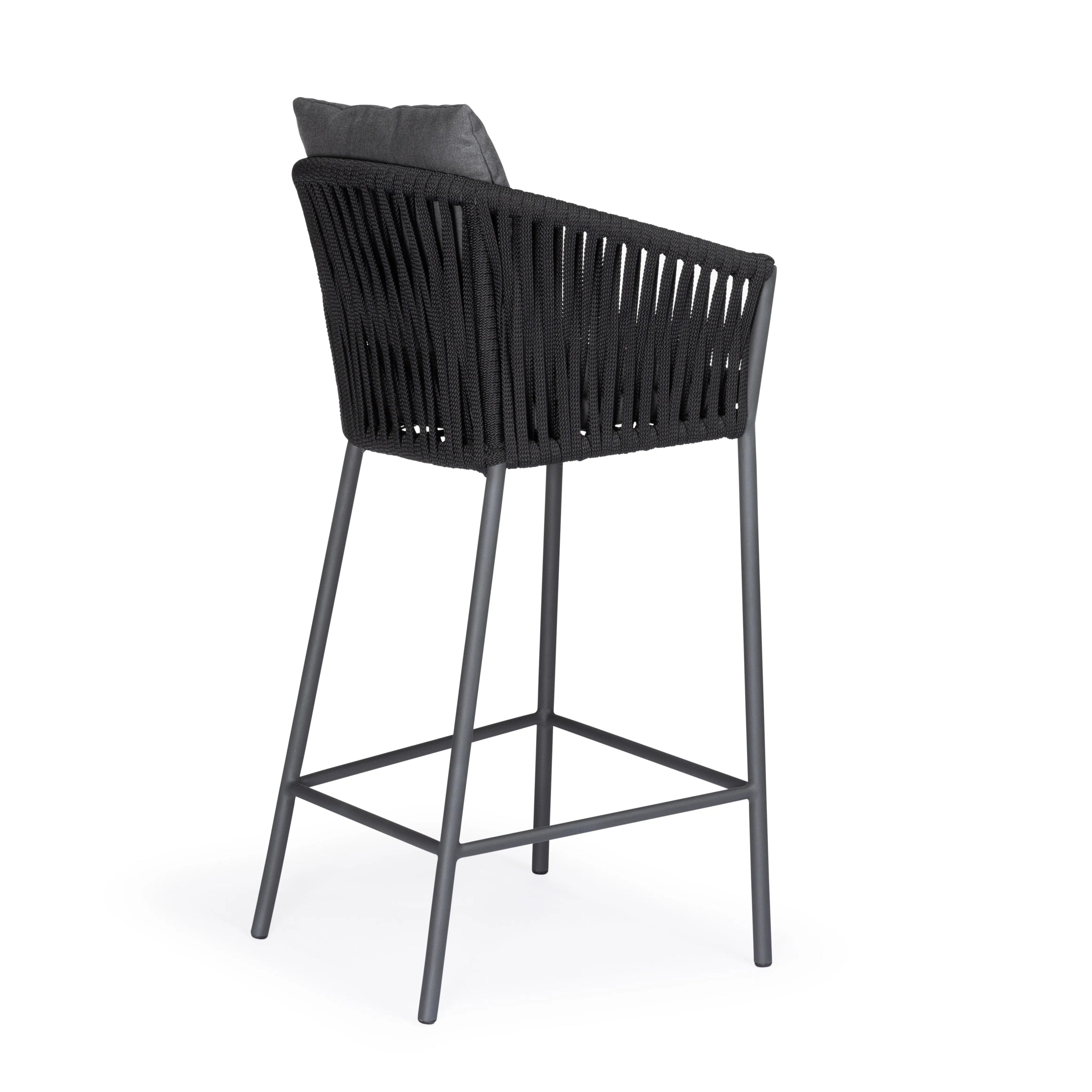 Black woven outdoor bar stool with cushion