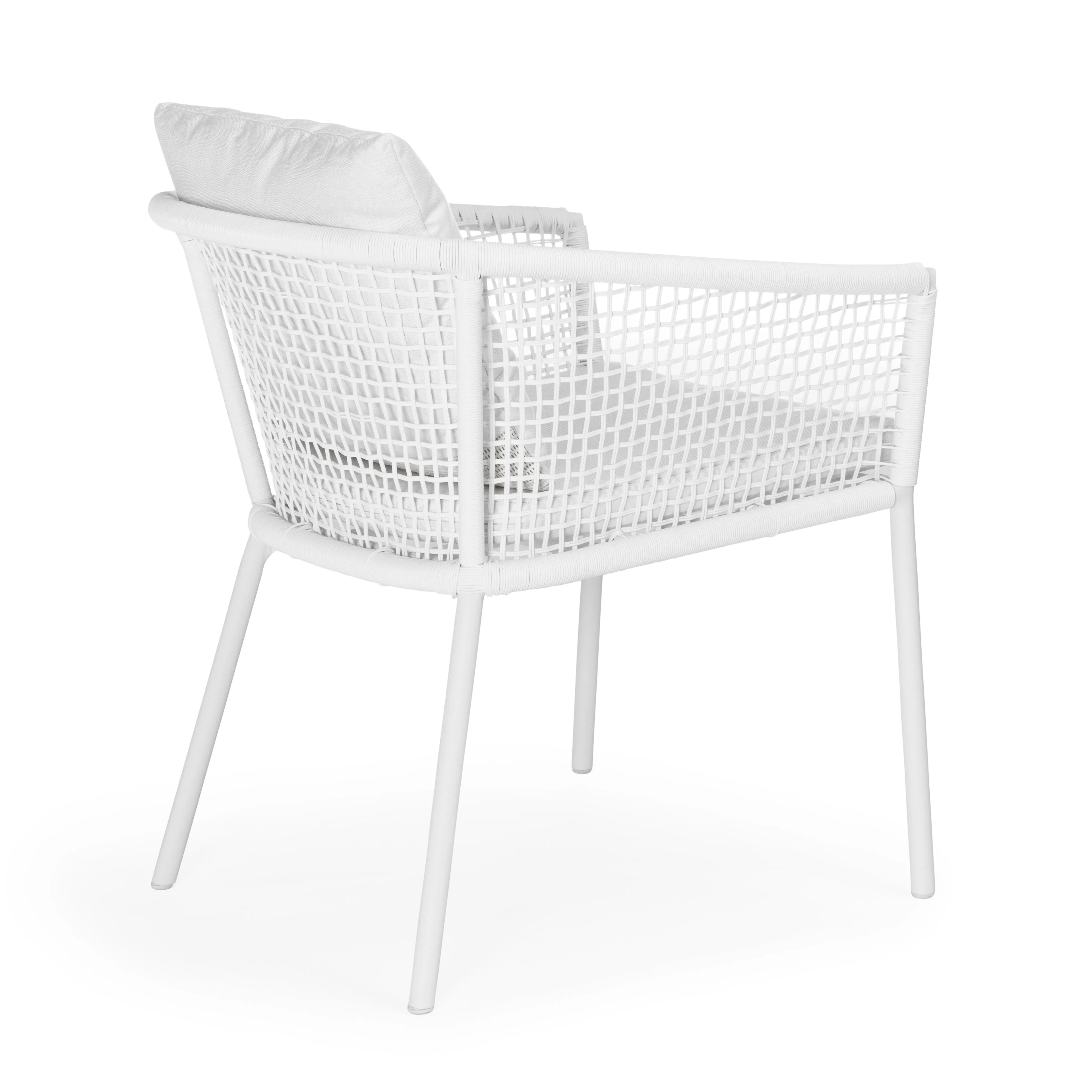White outdoor wicker dining chair with cushion