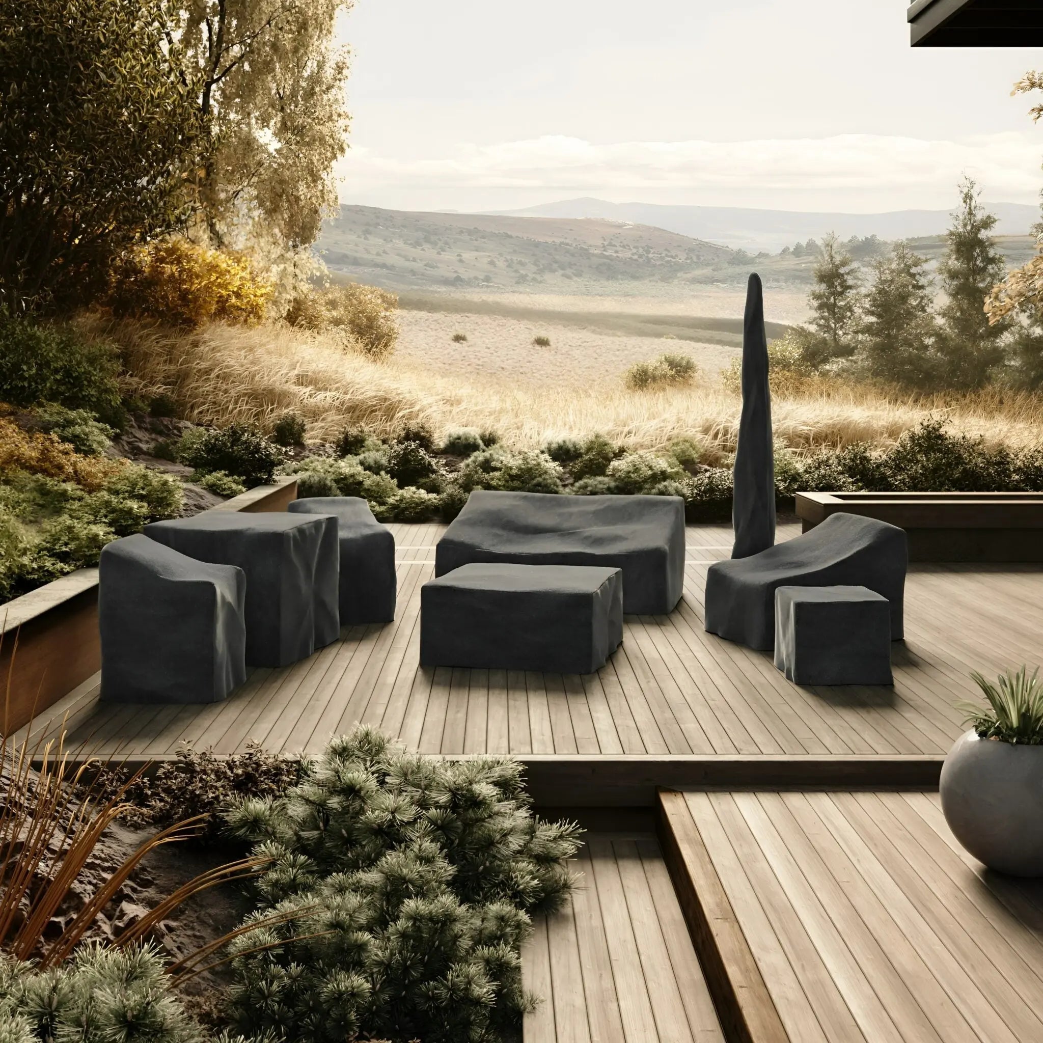 Outdoor deck with covered patio furniture seating set