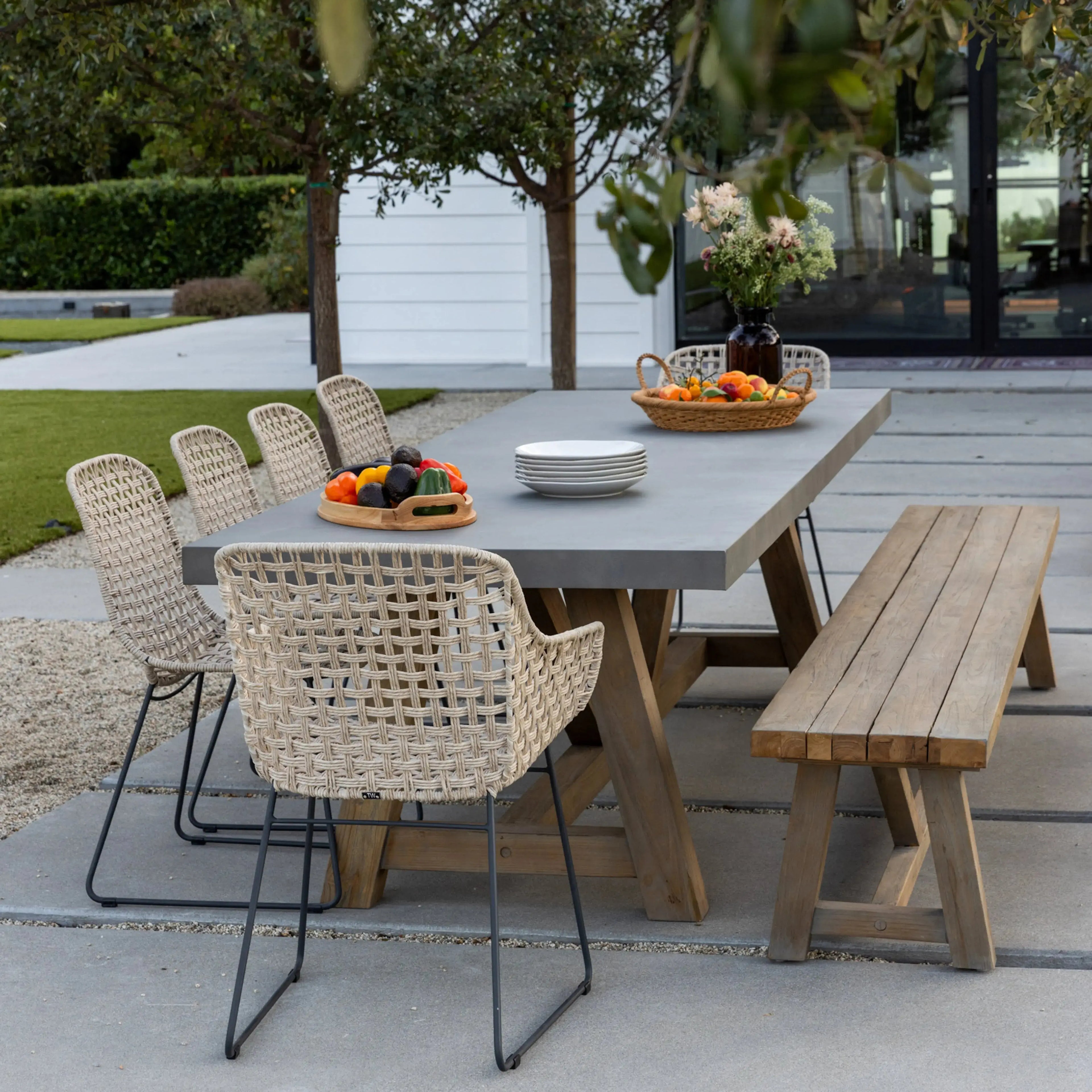 Teak patio outdoor dining table with chairs and bench