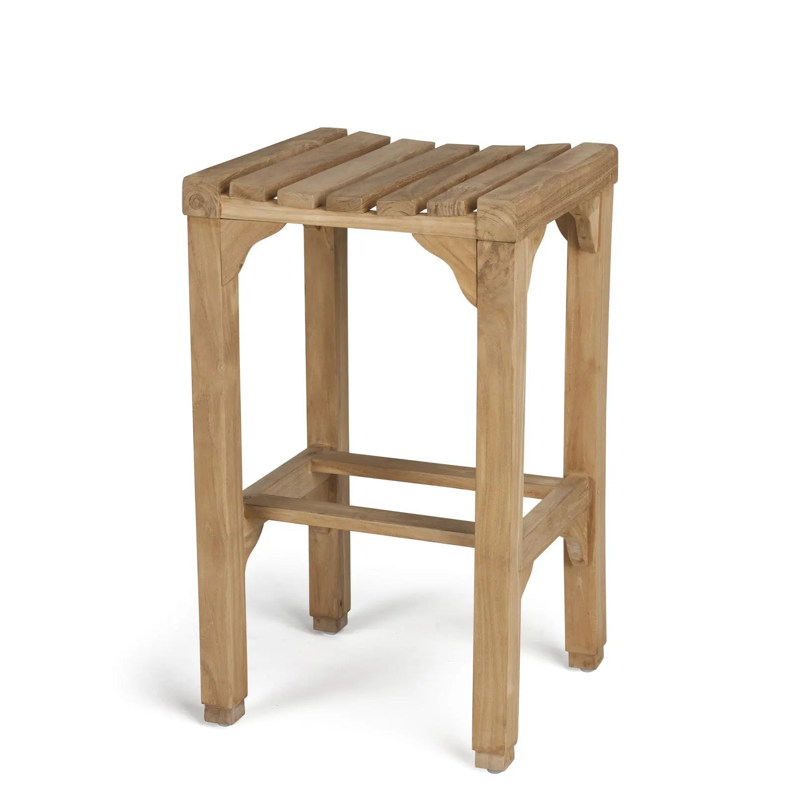 Outdoor teak bar height chair with slatted seat