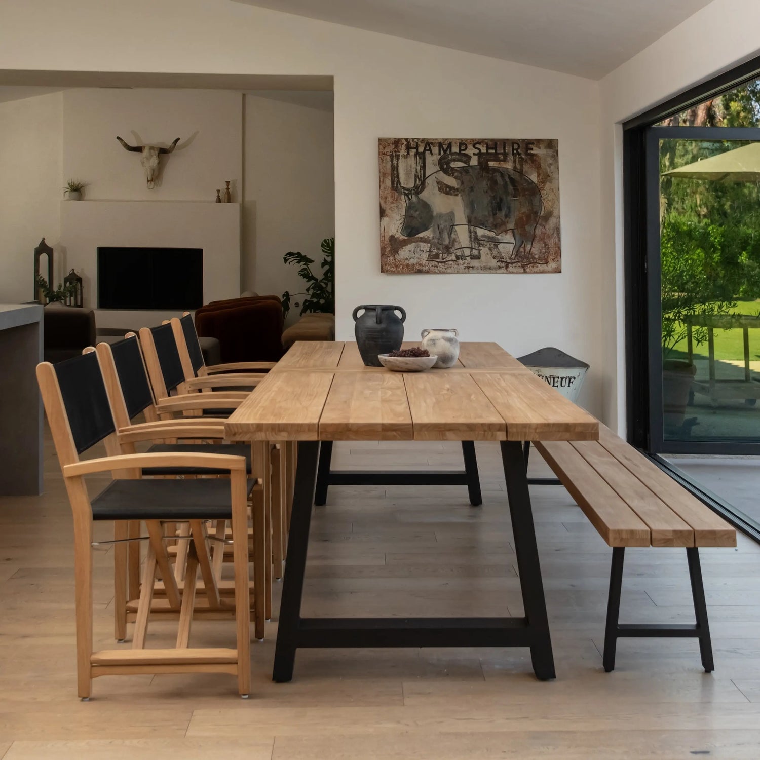 Teak dining table with chairs and bench