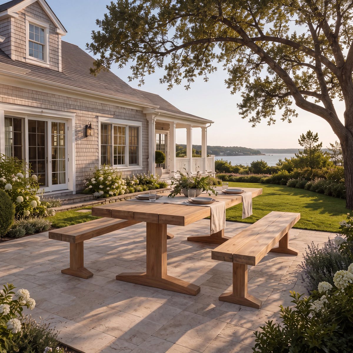 Teak outdoor dining table with chairs and bench