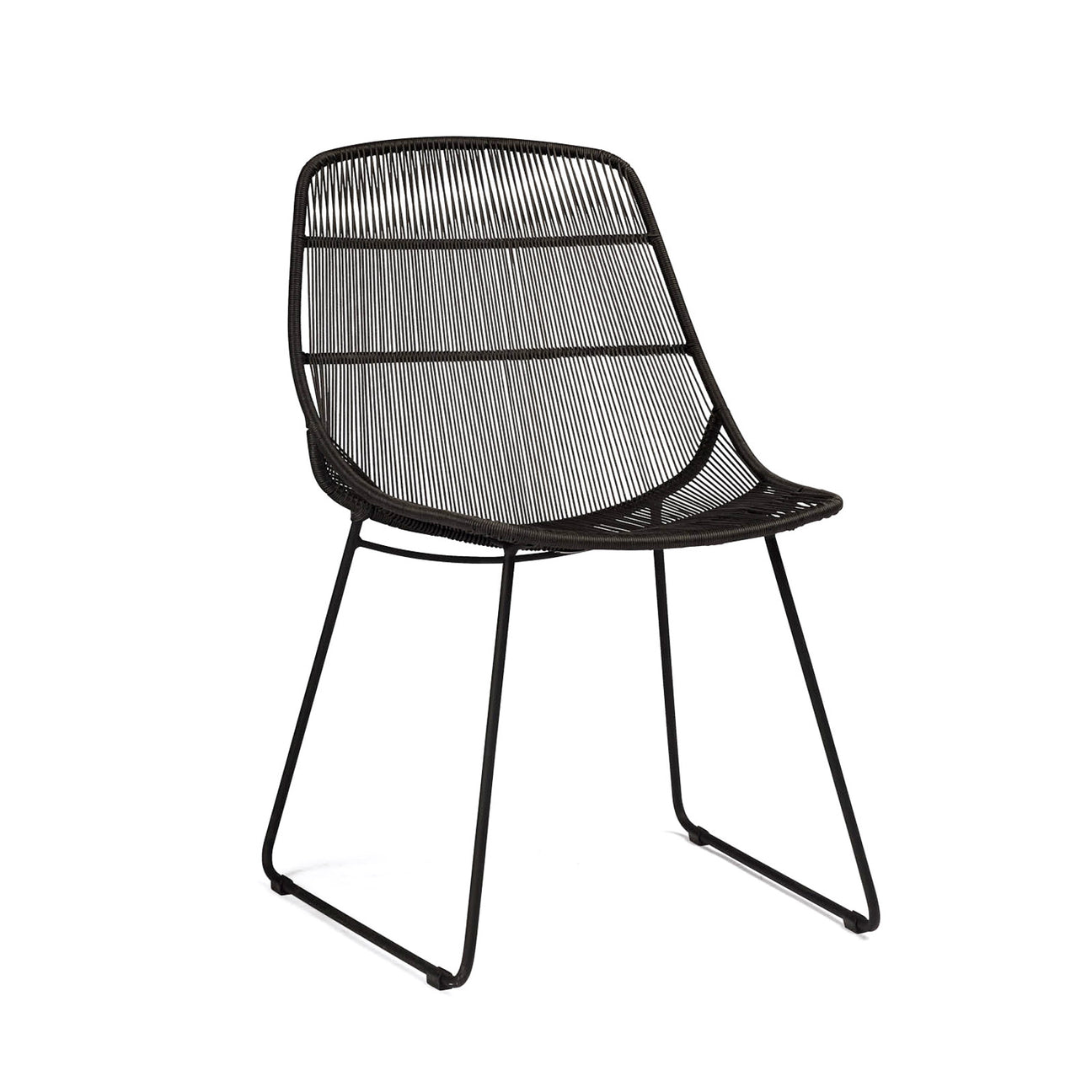 A sleek, modern chair features a black metal frame and woven string seat, standing stationary on minimalist legs against a plain white background.