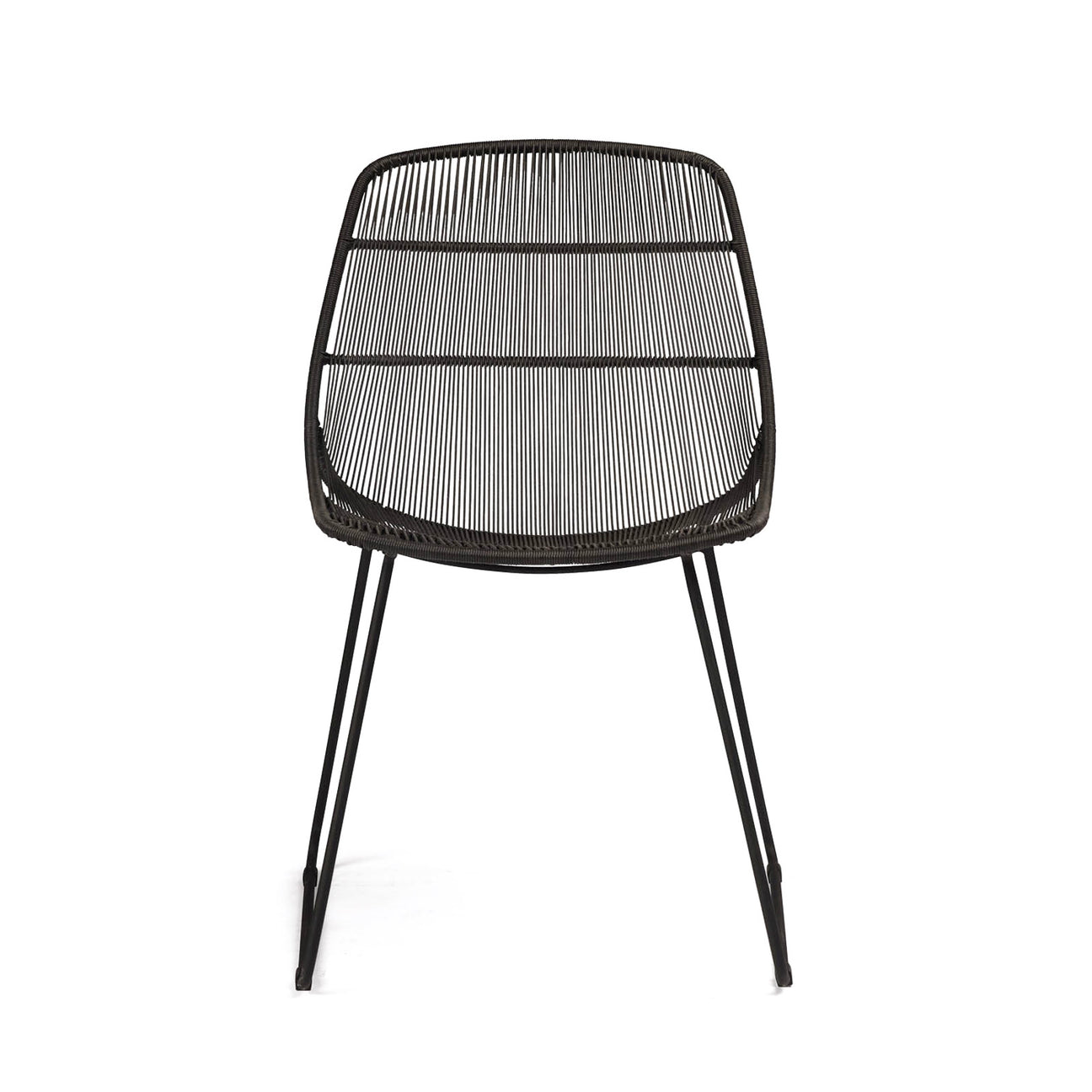 A black chair with a woven, thread-like backrest sits on slender, metal legs, positioned against a plain white background.