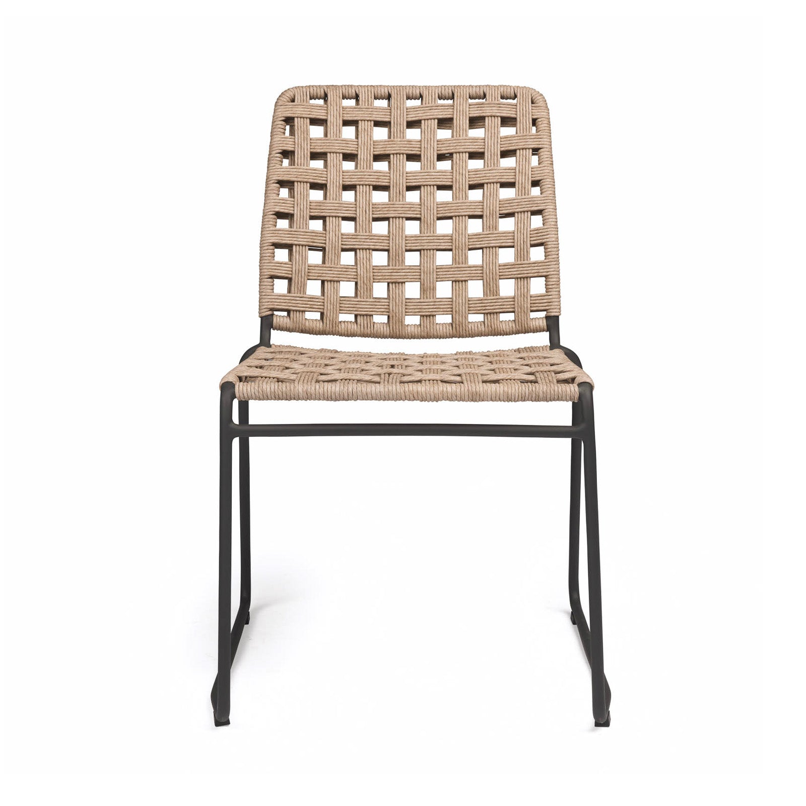 A wicker chair with a woven seat and backrest sits on thin metal legs, set against a plain white background.