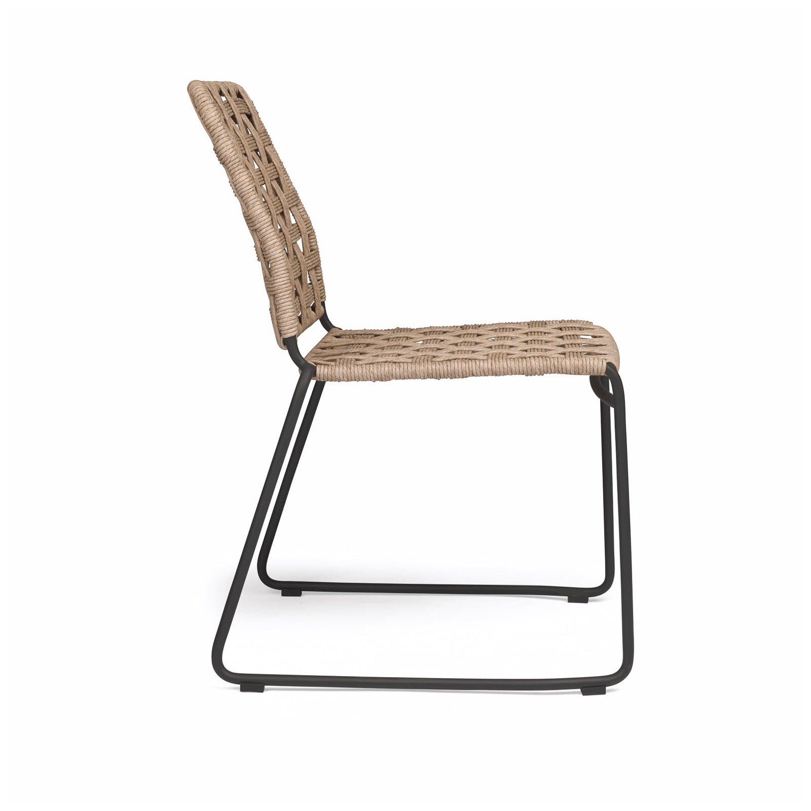 A woven rattan chair with a metal sled base is positioned on a white background, emphasizing its minimalist design and natural materials.