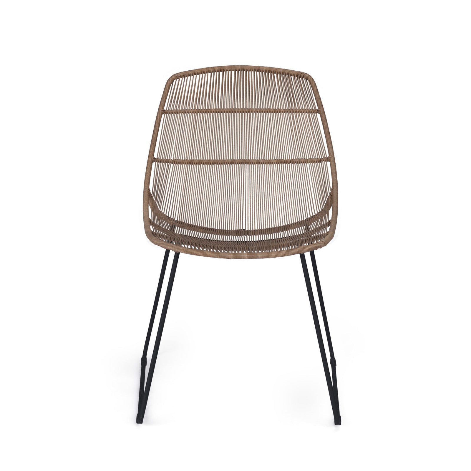 A brown woven chair with slender black metal legs is positioned on a plain white background, emphasizing its modern design and airy structure.