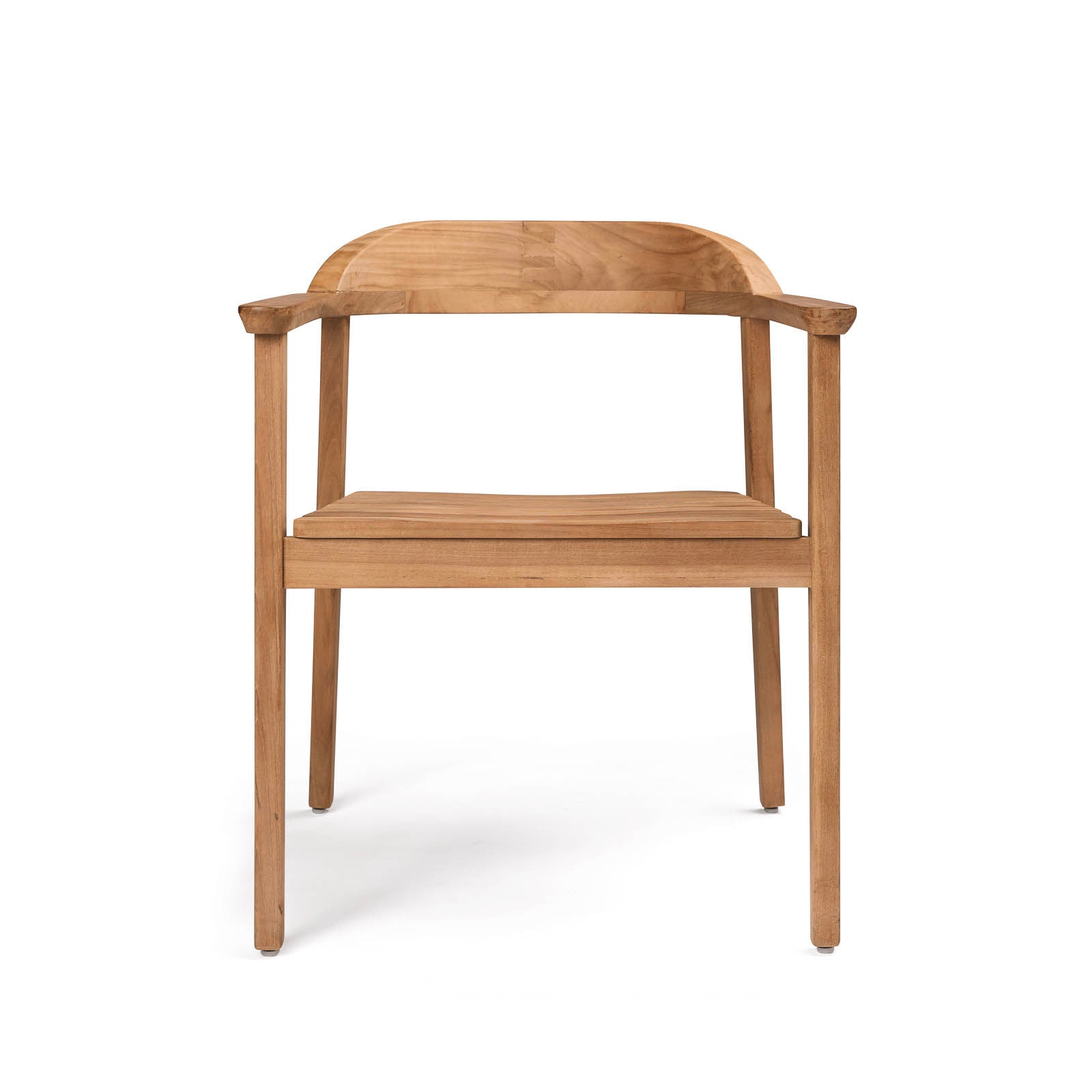 A wooden chair with a curved backrest and armrests stands on a plain white background, highlighting its minimalist design and natural wood texture.