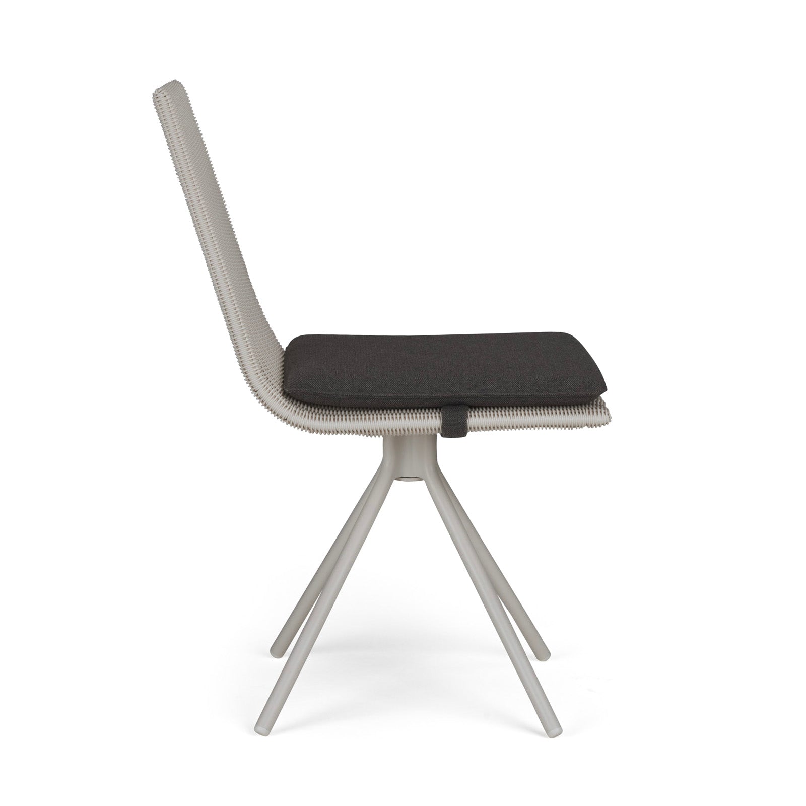 A modern chair features a sleek frame with a dark cushioned seat, supported by four angled legs. The design is minimalist and it sits against a plain white background.