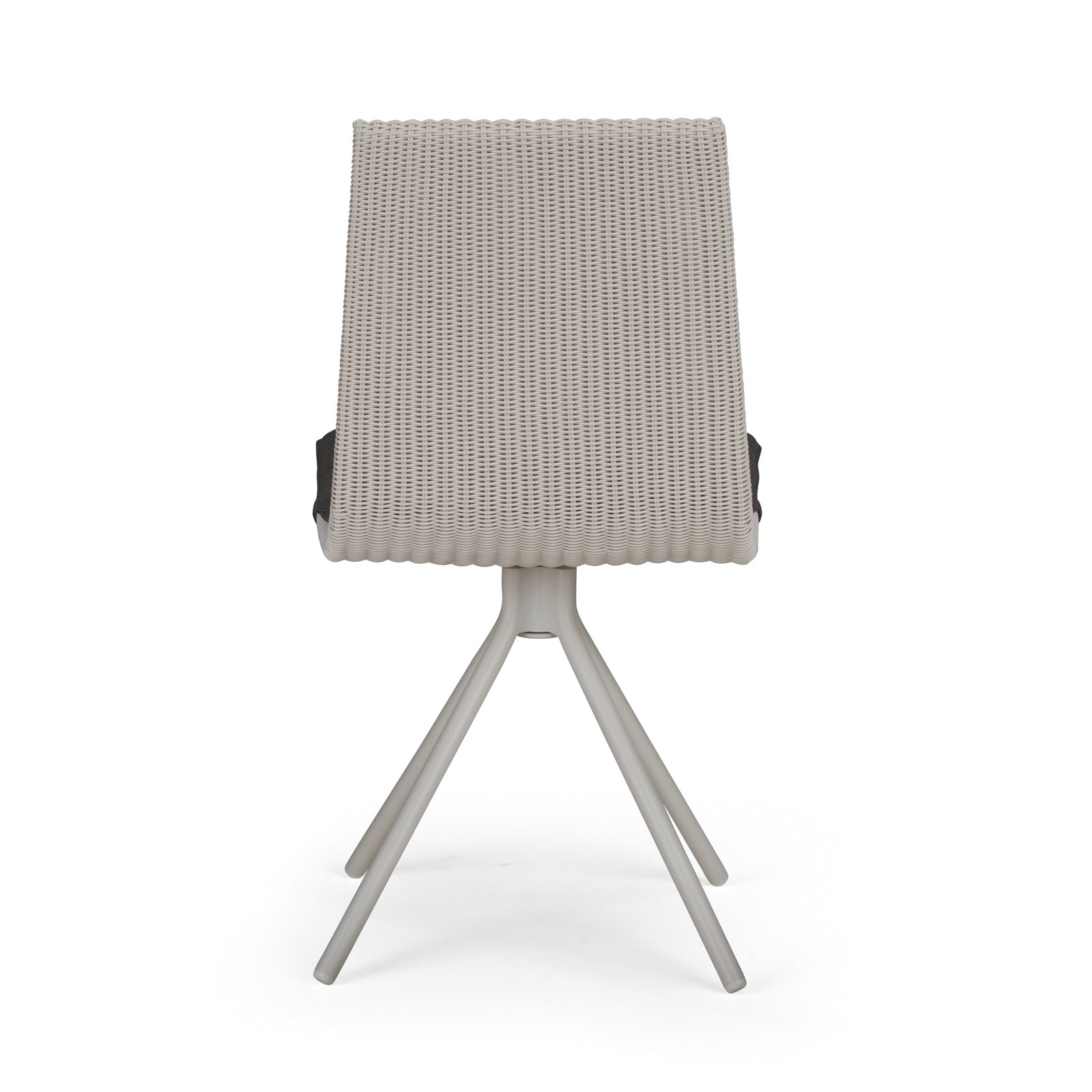 A woven, beige chair stands upright with a tapered backrest and four sleek, metal legs, set against a plain white background.