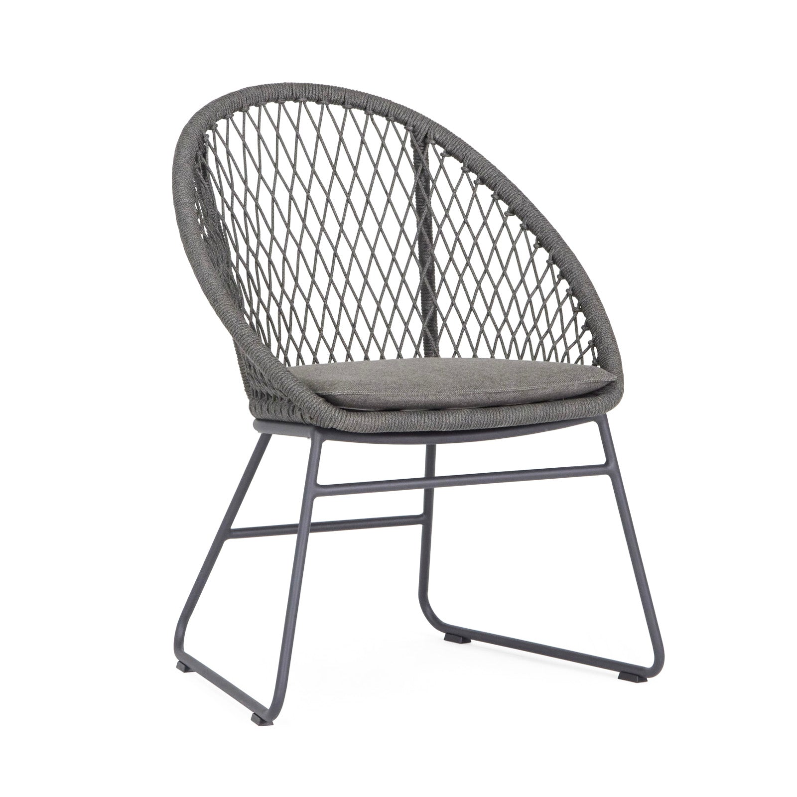 A modern chair features a woven rope design on a rounded back, with a cushioned seat and metal frame legs, set against a plain white background.