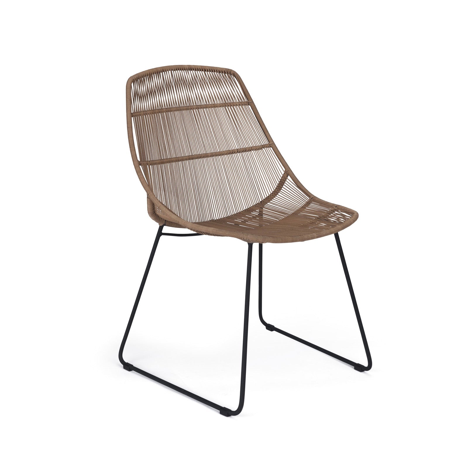 A brown, string-woven chair featuring a curvy backrest and seat on black metal sled legs, positioned against a plain white background.