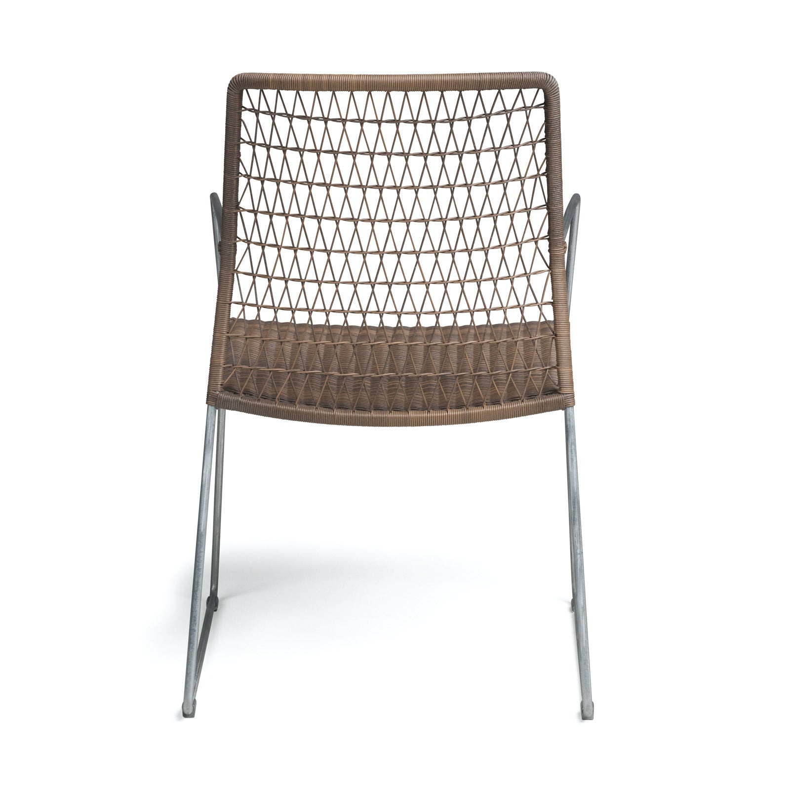 A chair with a woven lattice backrest and seat, supported by slender metal legs, stands against a plain white background.