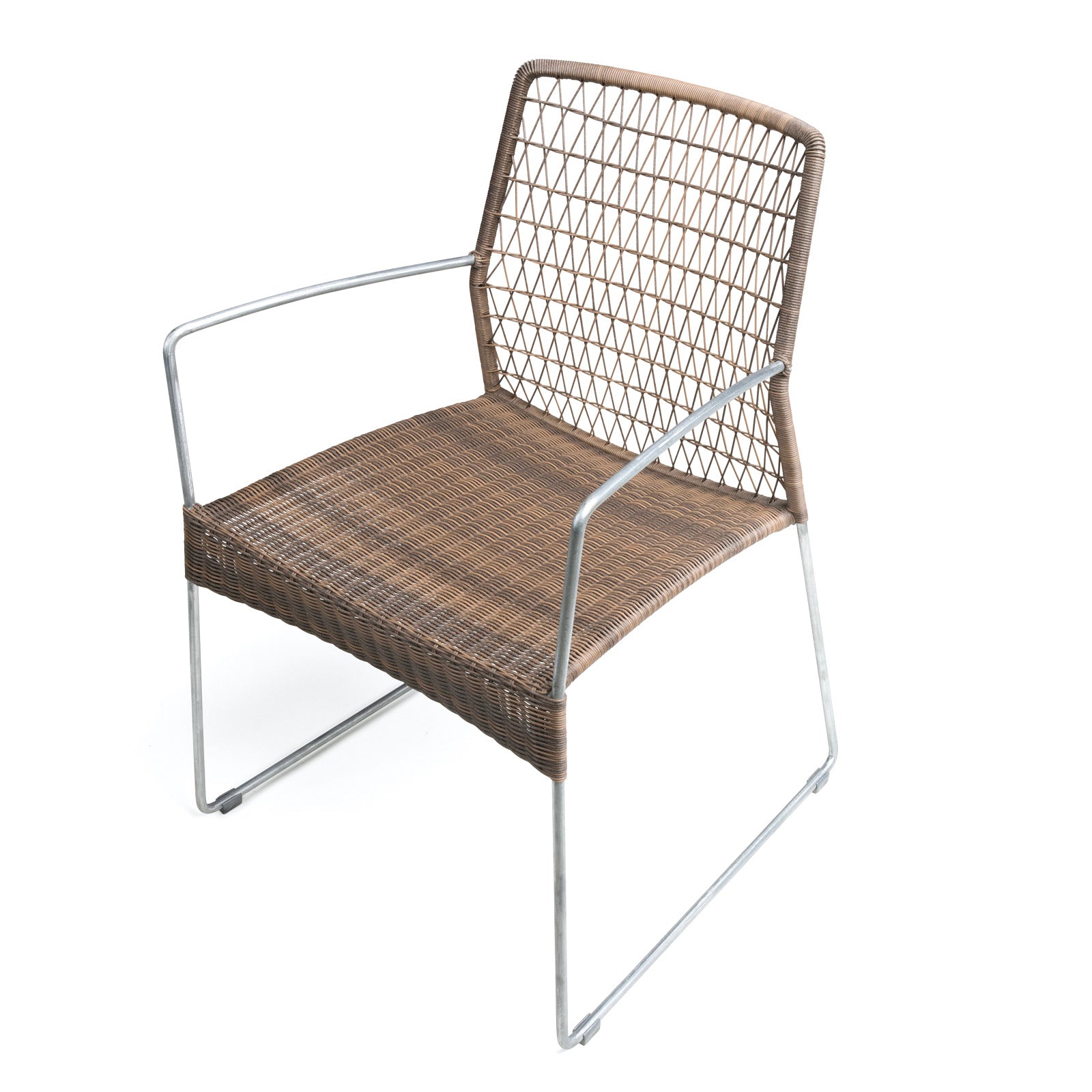 A wicker chair with a metal frame features a woven seat and backrest in a minimalist style, set on a white background.