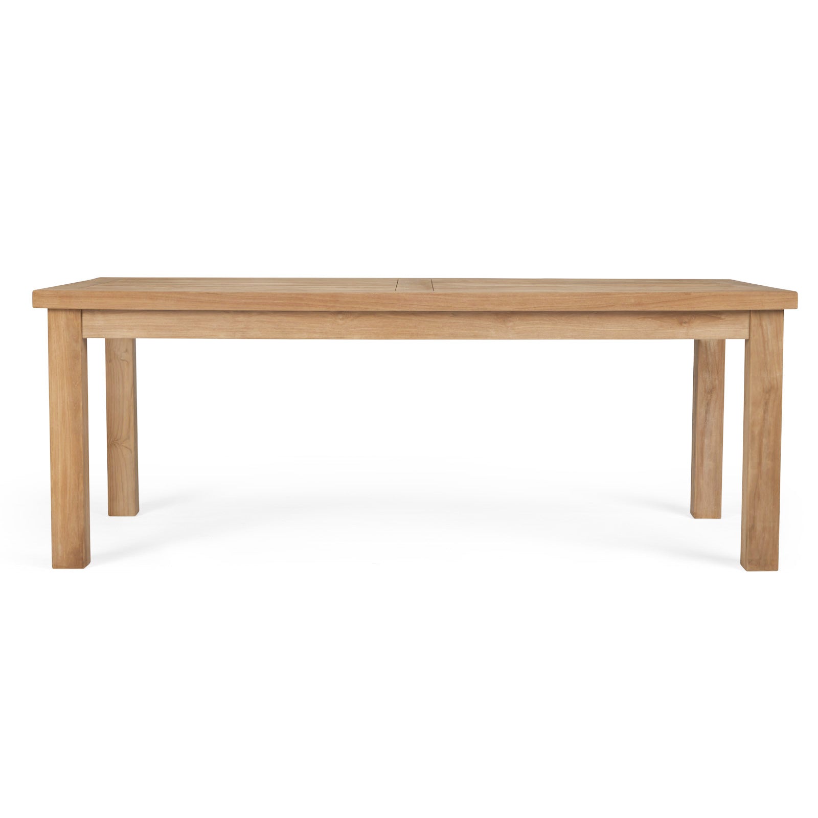 A rectangular, wooden table with four sturdy legs stands on a plain white background, showcasing a natural wood finish.