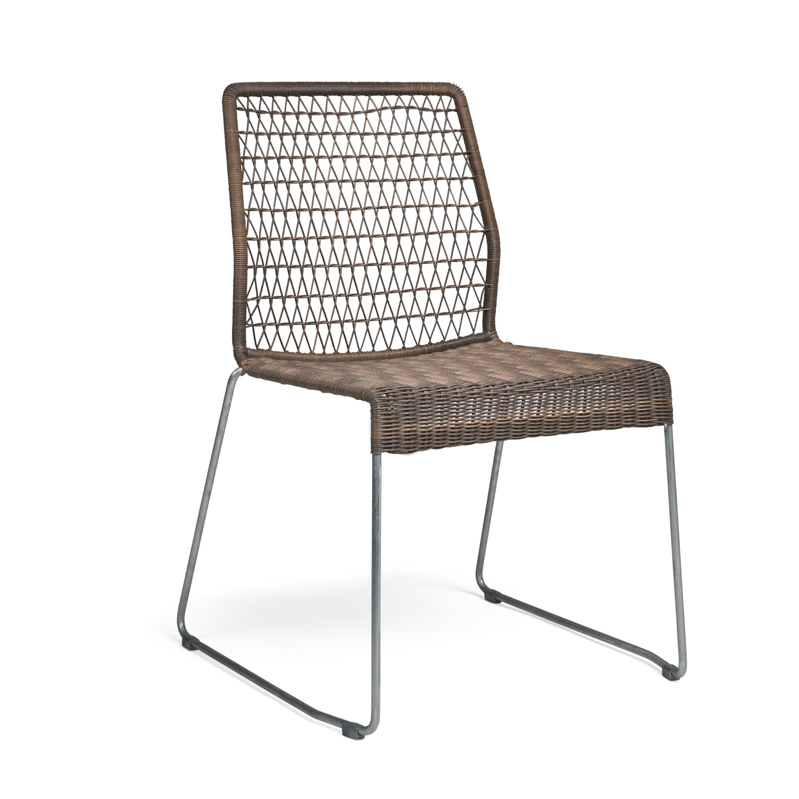 A metal-framed chair features a woven wicker seat and backrest, forming a triangular pattern. Positioned on U-shaped metal legs, it stands against a plain white background.