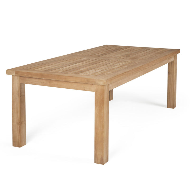 A wooden dining table with a rectangular shape features a smooth surface and sturdy legs, set against a plain white background.