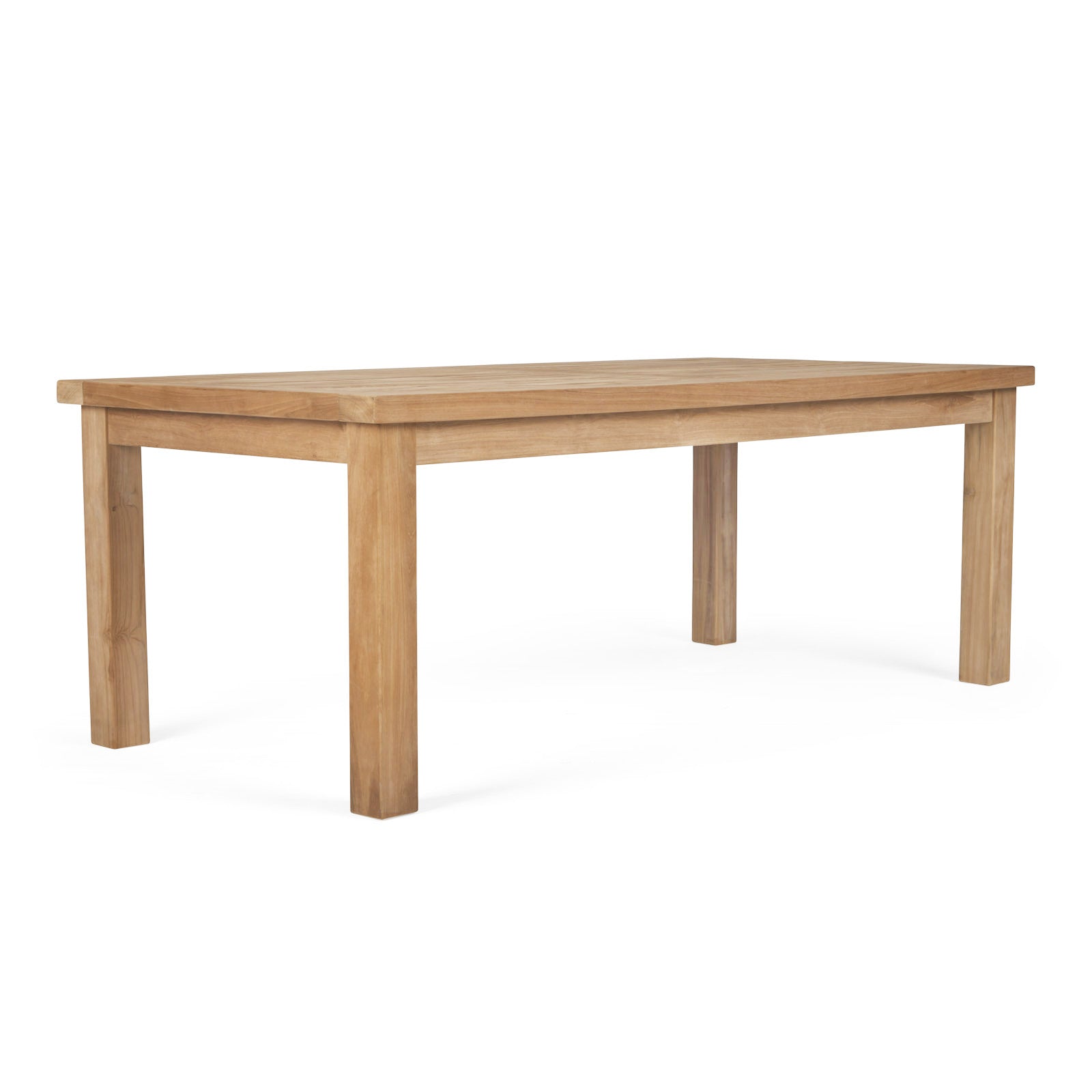 A wooden table stands still with four sturdy legs; it is placed in an empty, white space. No text is present.