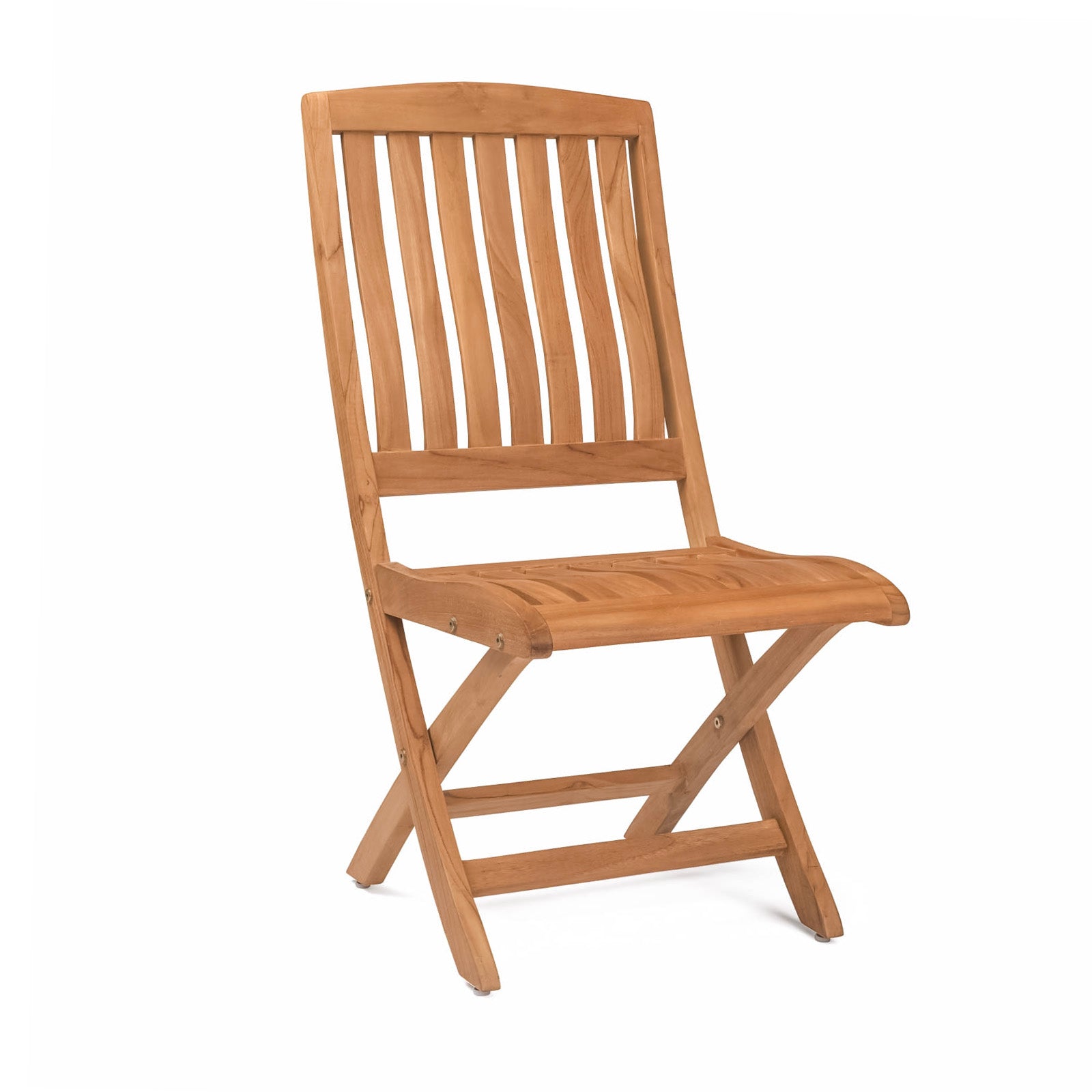 Wooden folding chair standing stationary; slightly angled view. Features slatted backrest and seat with natural finish, set against a plain white background.