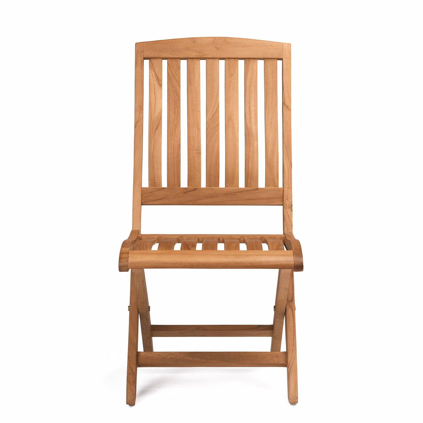 A wooden chair with vertical slats stands upright, featuring a folding mechanism, set against a plain white background.