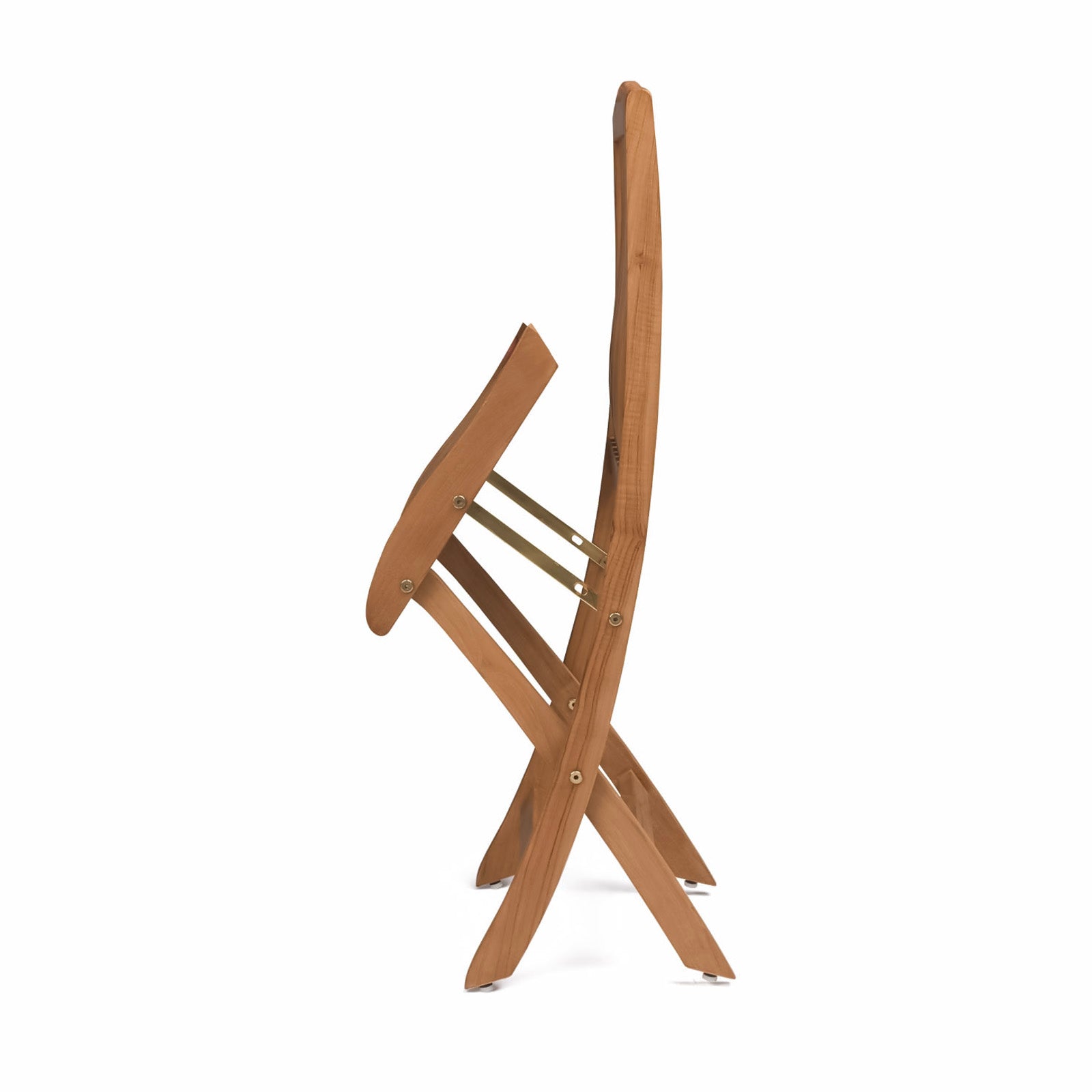 A wooden folding chair is partially folded, revealing brass hinges and fasteners, set against a plain white background.