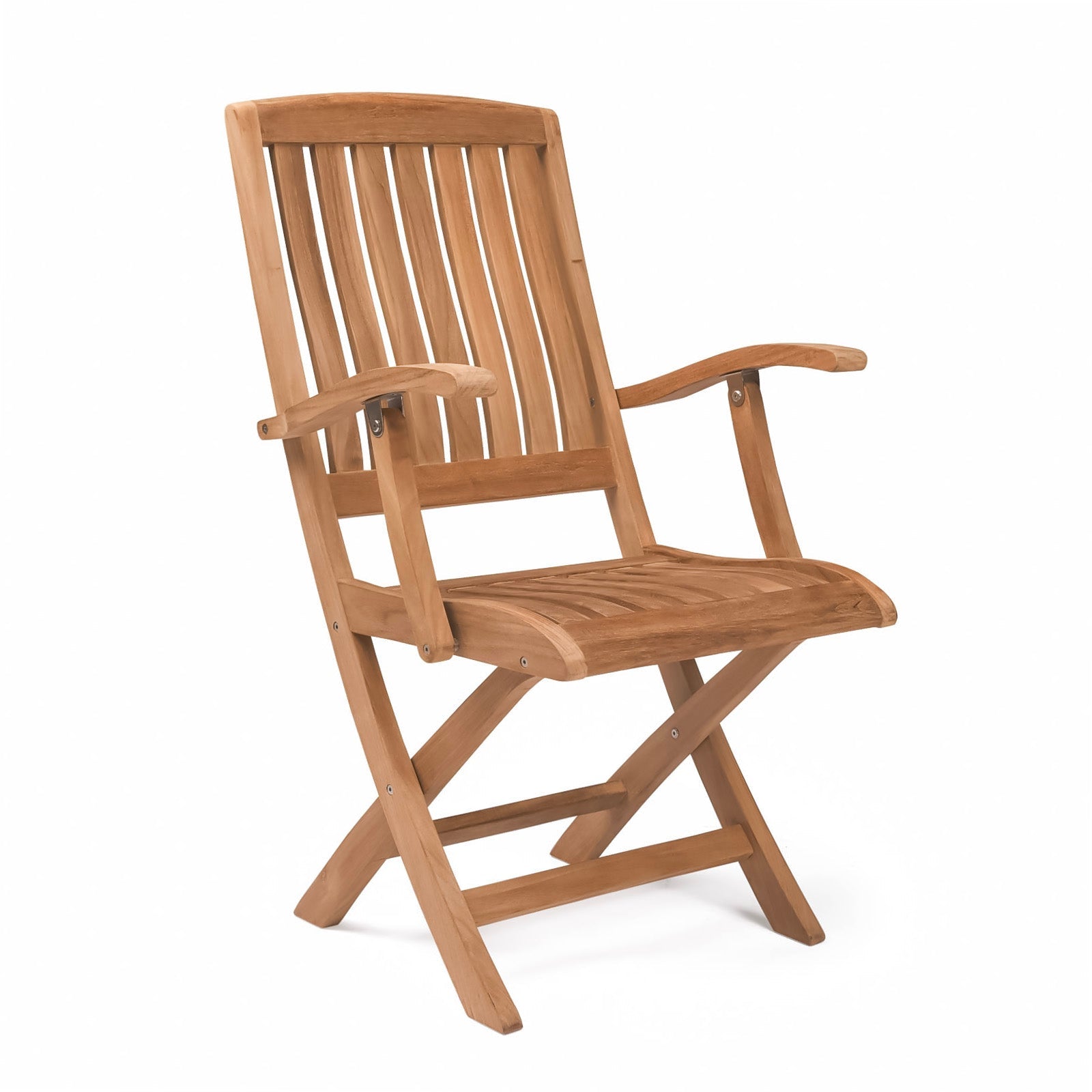 A wooden folding chair stands unfolded, featuring slatted back and seat with armrests, set against a plain white background.