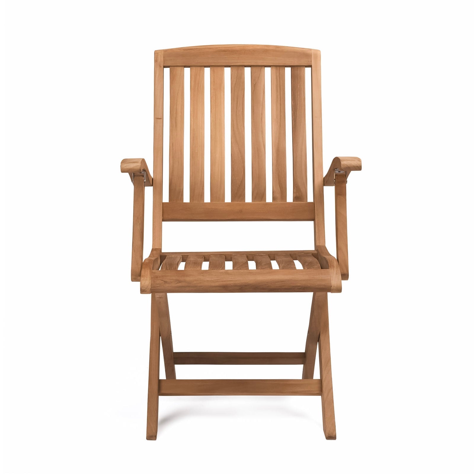 A wooden chair with slatted back and seat sits against a plain white background, featuring armrests and a sturdy build.