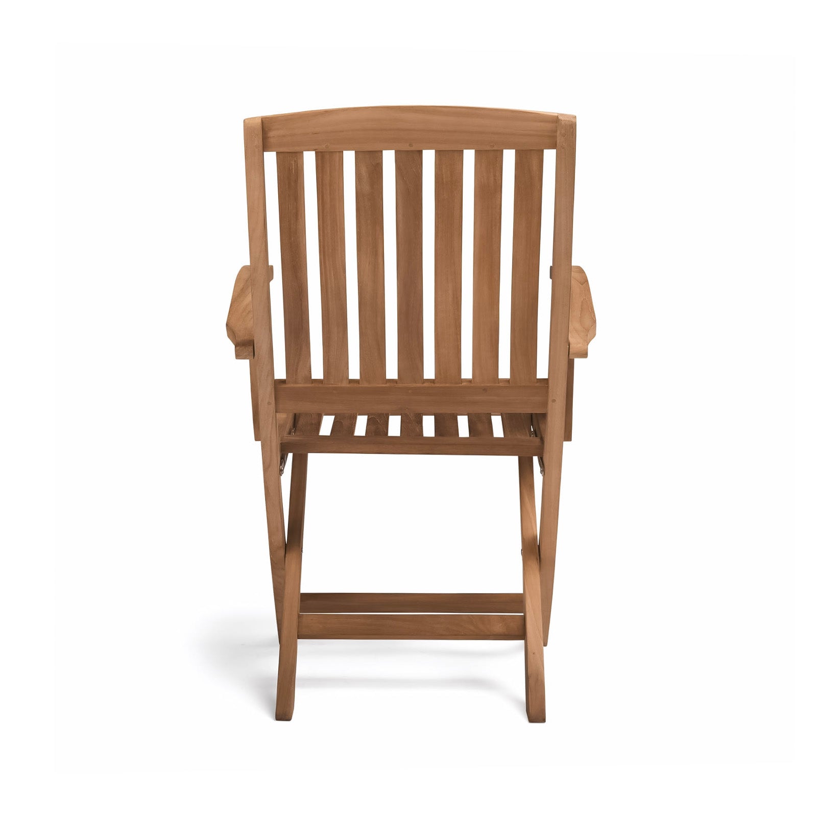 Wooden chair stands upright, its slatted back and seat visible, on a white background.