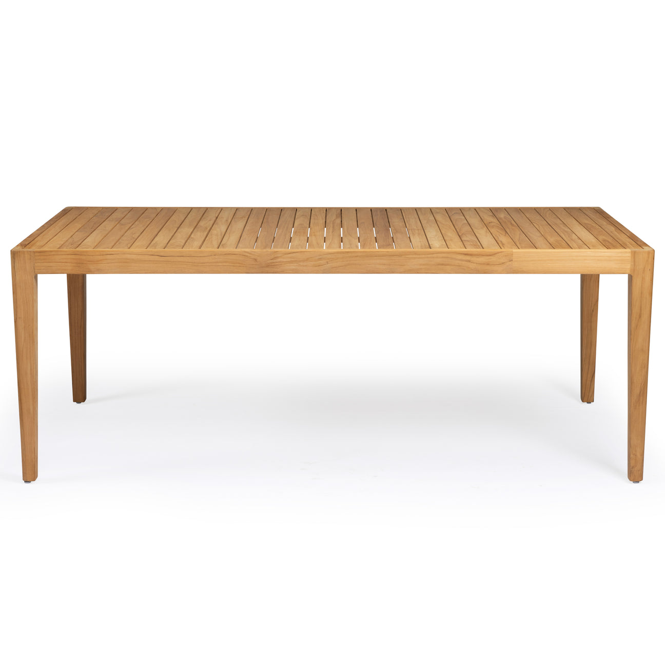 A rectangular wooden table features a slatted top with clean lines, standing on four straight legs. It is set on a plain, white background.