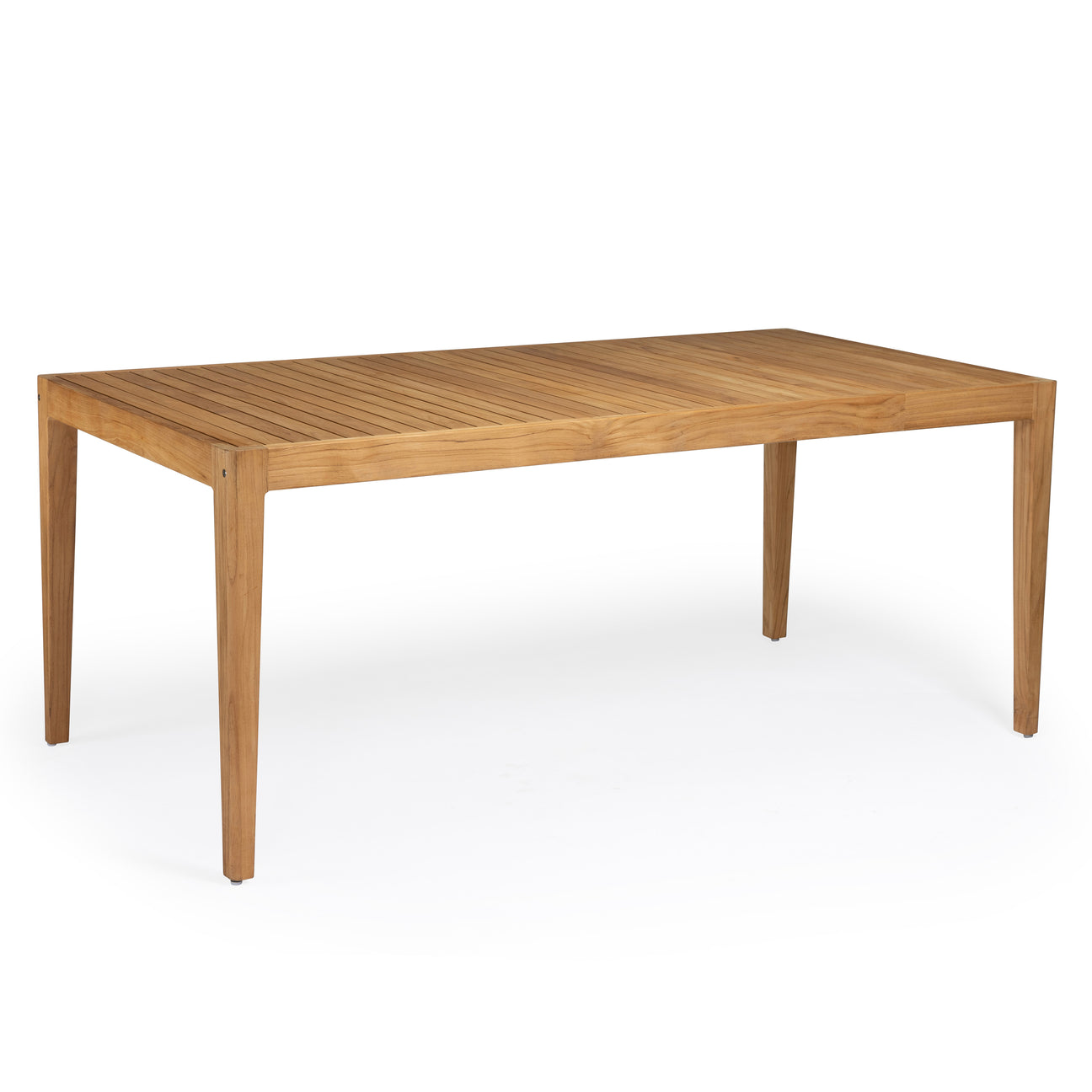 Wooden table standing on four tapered legs, featuring a slatted top surface; placed in a plain, white studio setting.