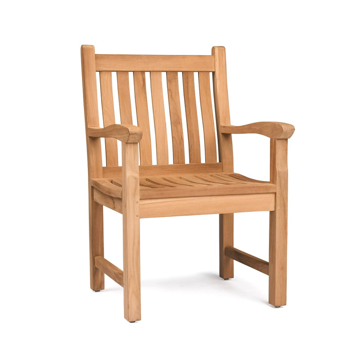 A wooden chair with a slatted backrest and curved armrests stands on a solid surface, presented against a plain white background.