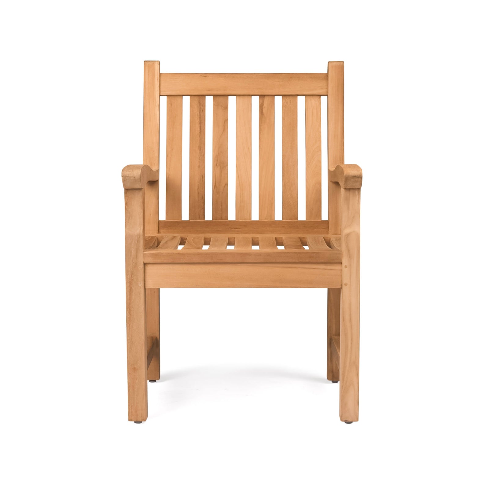 A wooden chair with vertical slats and armrests sits on a white background, showcasing a simple, sturdy design.