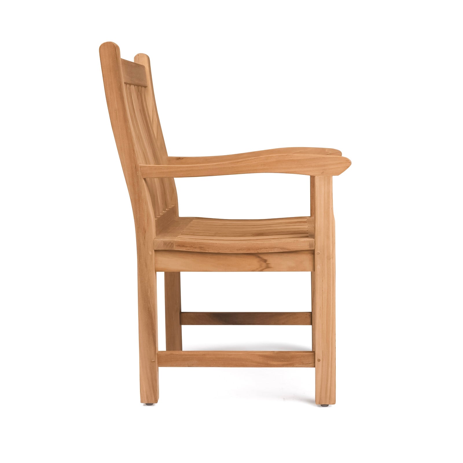 Wooden chair with armrests stands in profile view, displaying smooth, light-colored wood, and sturdy construction. Set against a plain white background, highlighting its sleek, simple design.