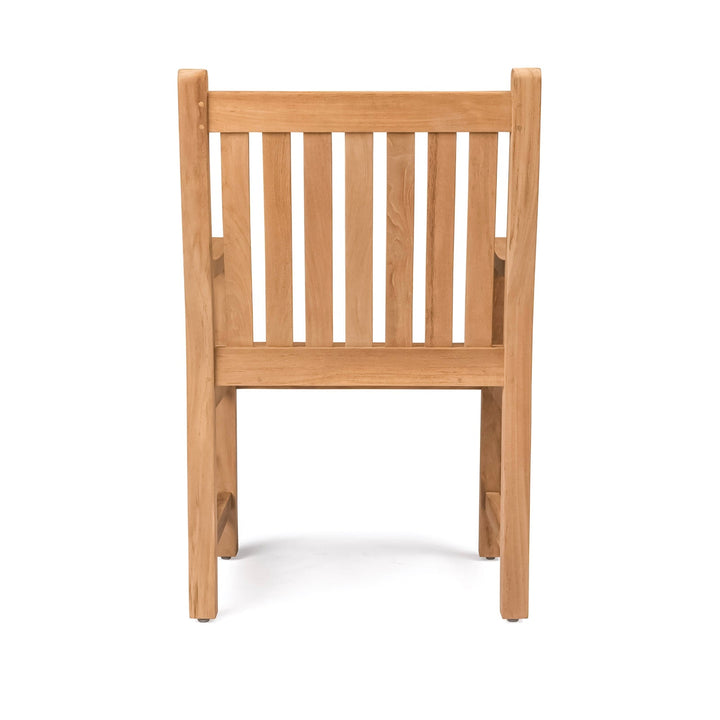 Wooden chair stands upright, showing slatted back design, crafted from light-colored wood, against a plain white background.