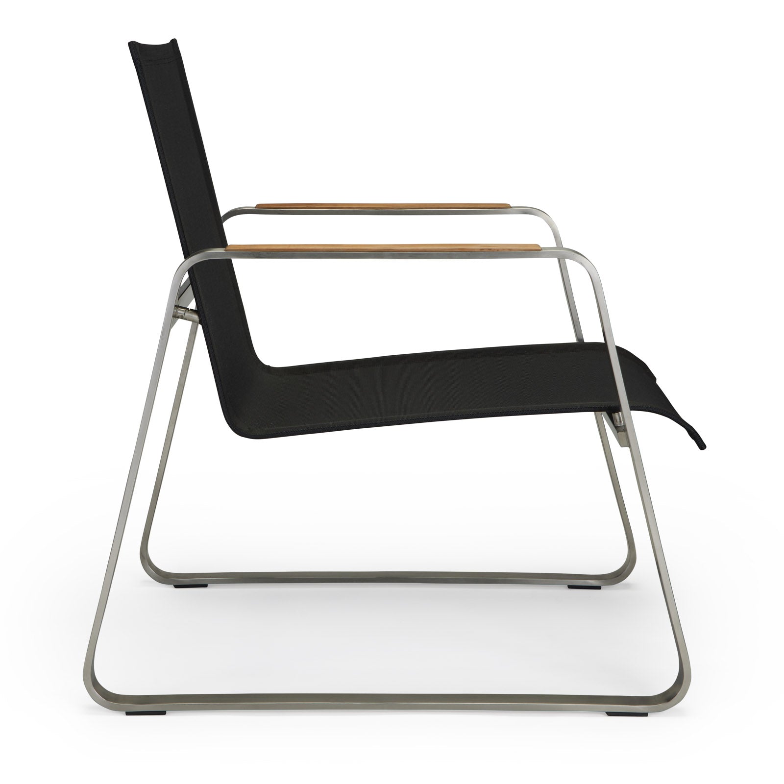 A modern black sling chair with a slim metal frame and wooden armrests stands on a white background.