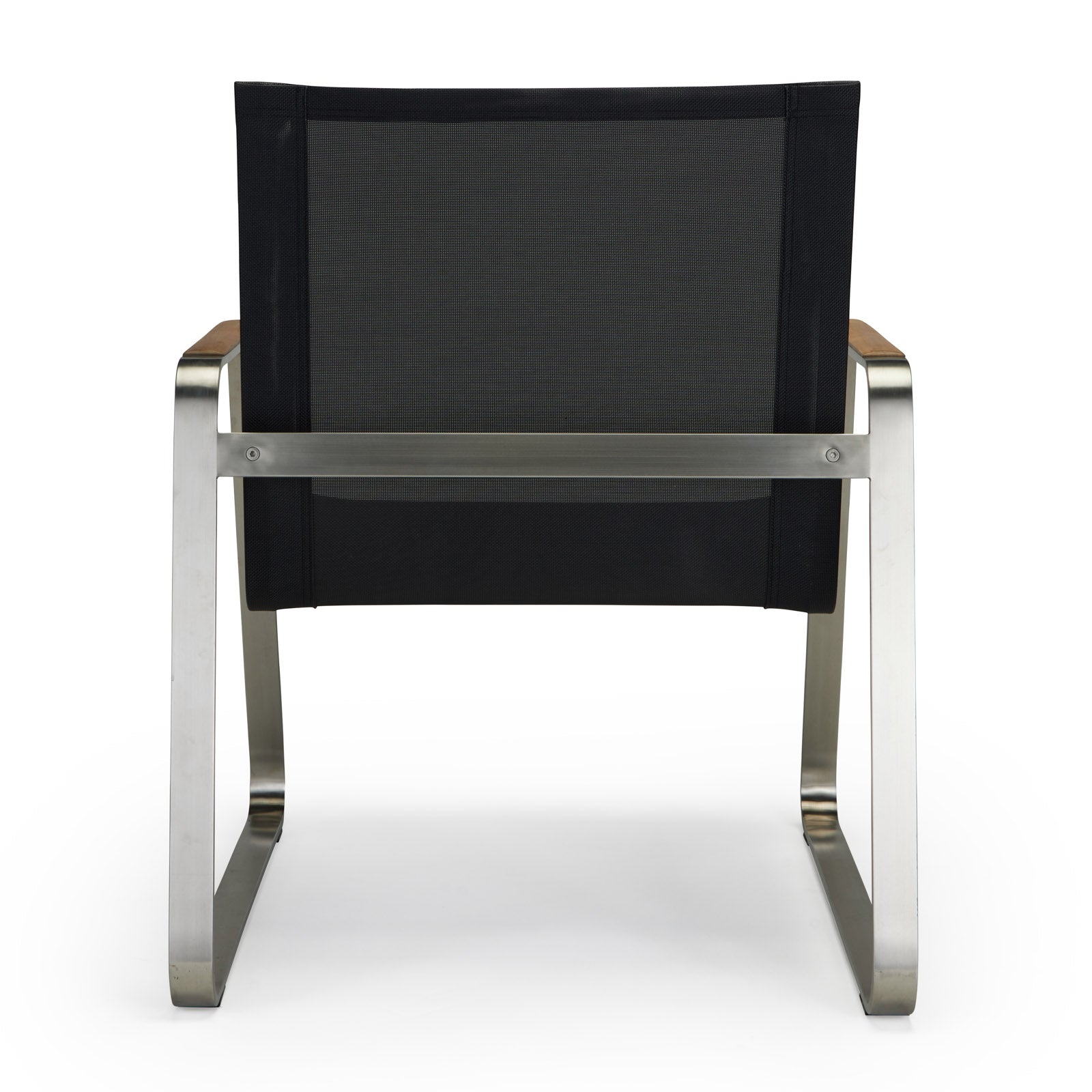 A chair with a black mesh backrest and metal frame sits in a plain, white environment, viewed from the rear, displaying its sleek, modern design with curved armrests.