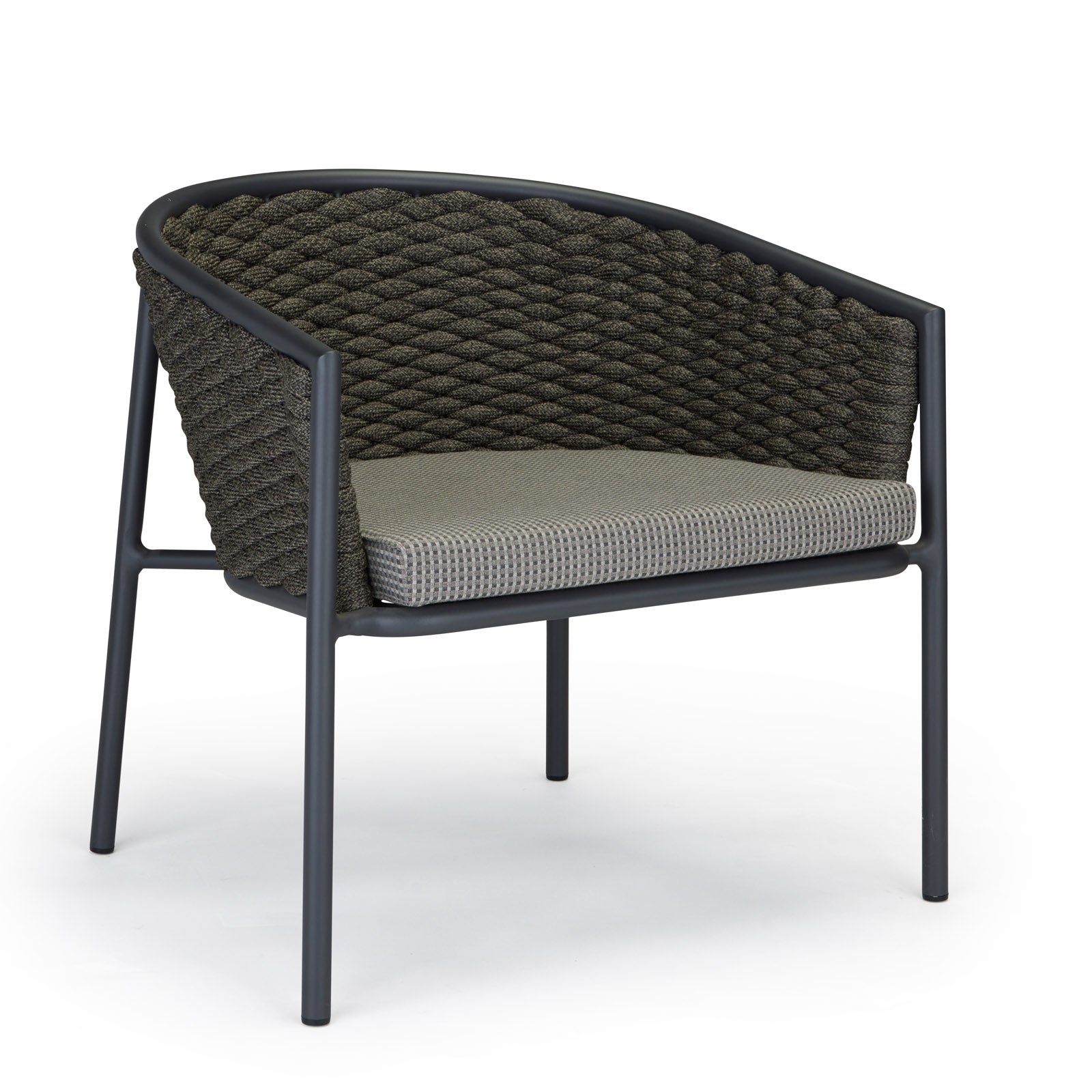 Chair with dark metal frame and woven backrest, featuring a cushioned seat, sits on a plain white background.