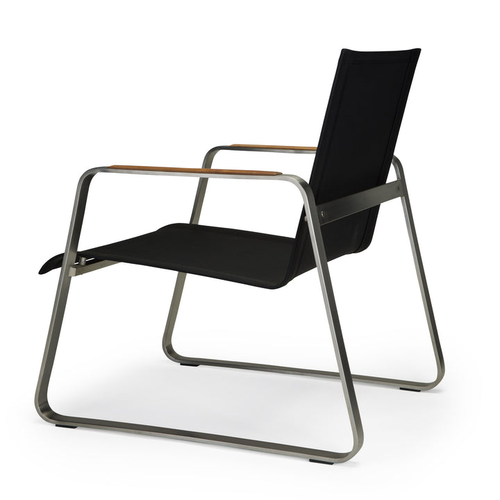 Contemporary chair with black fabric seat and backrest, set in a sleek metal frame with wooden armrests, positioned against a plain white background.