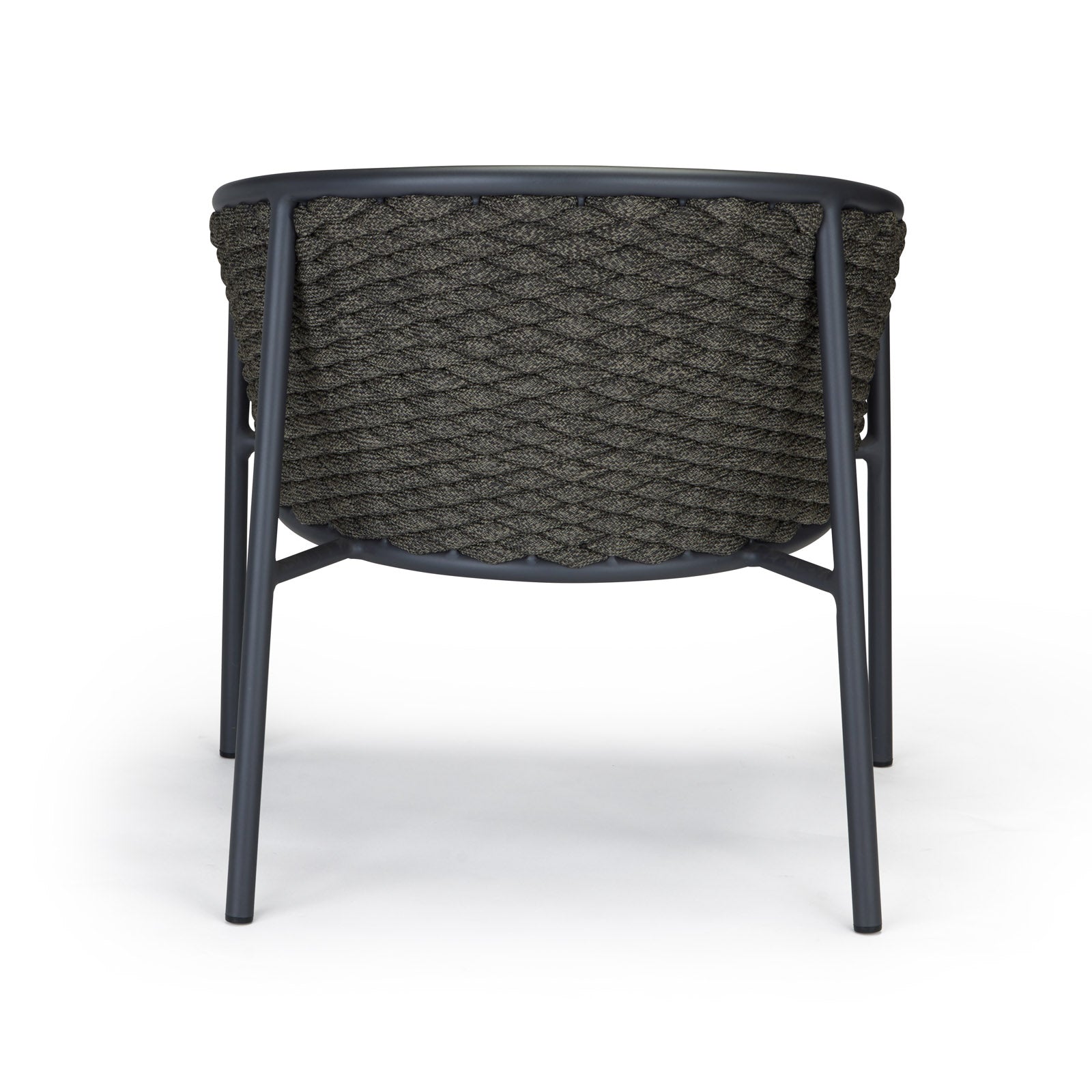 Chair with a circular back and woven pattern sits on slender metal legs; displayed against a plain white background.