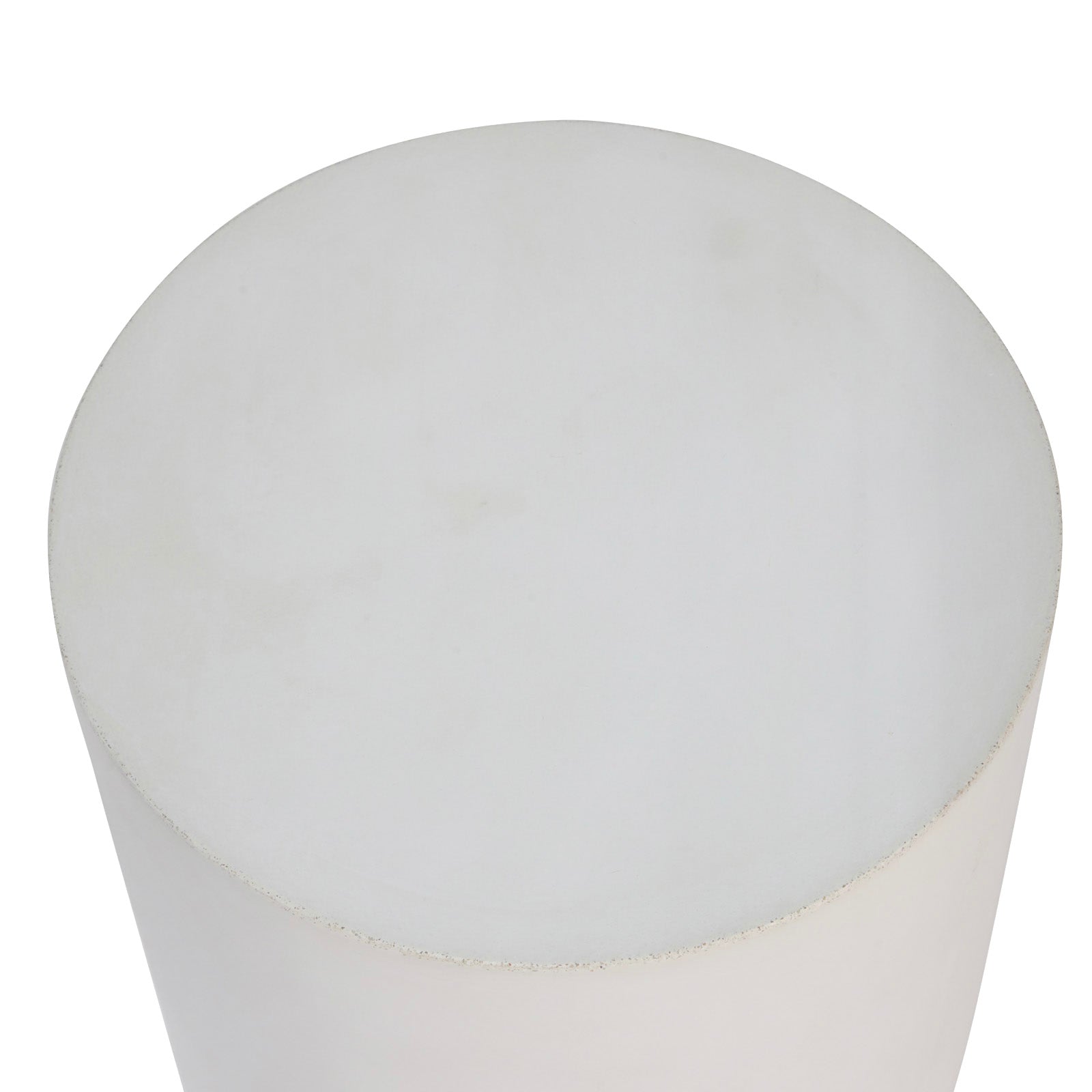 A white cylindrical object stands upright against a completely white background, showing the smooth, flat top surface. No text is present.