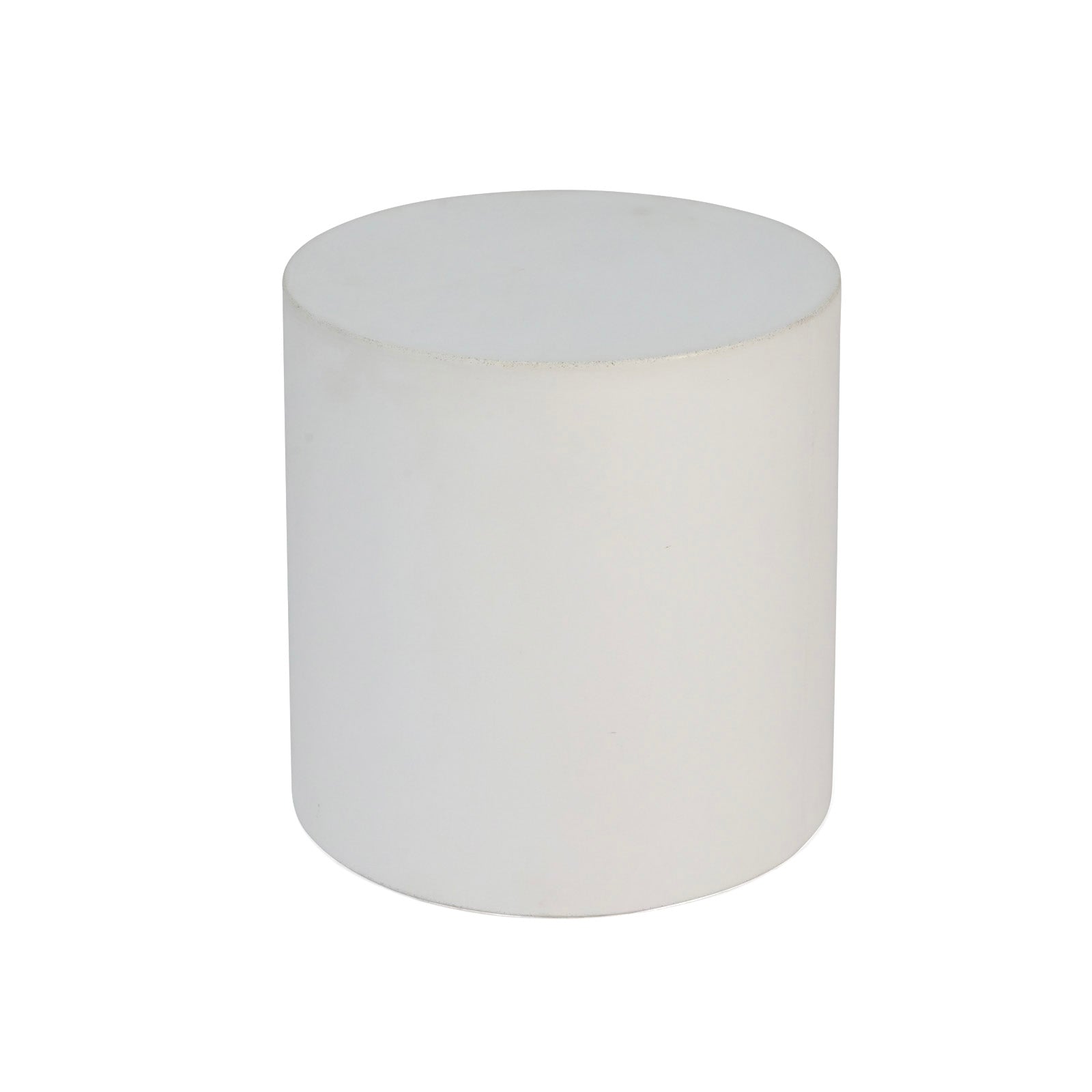 A white, cylindrical object stands upright in a plain, featureless white background, with no visible text or markings.