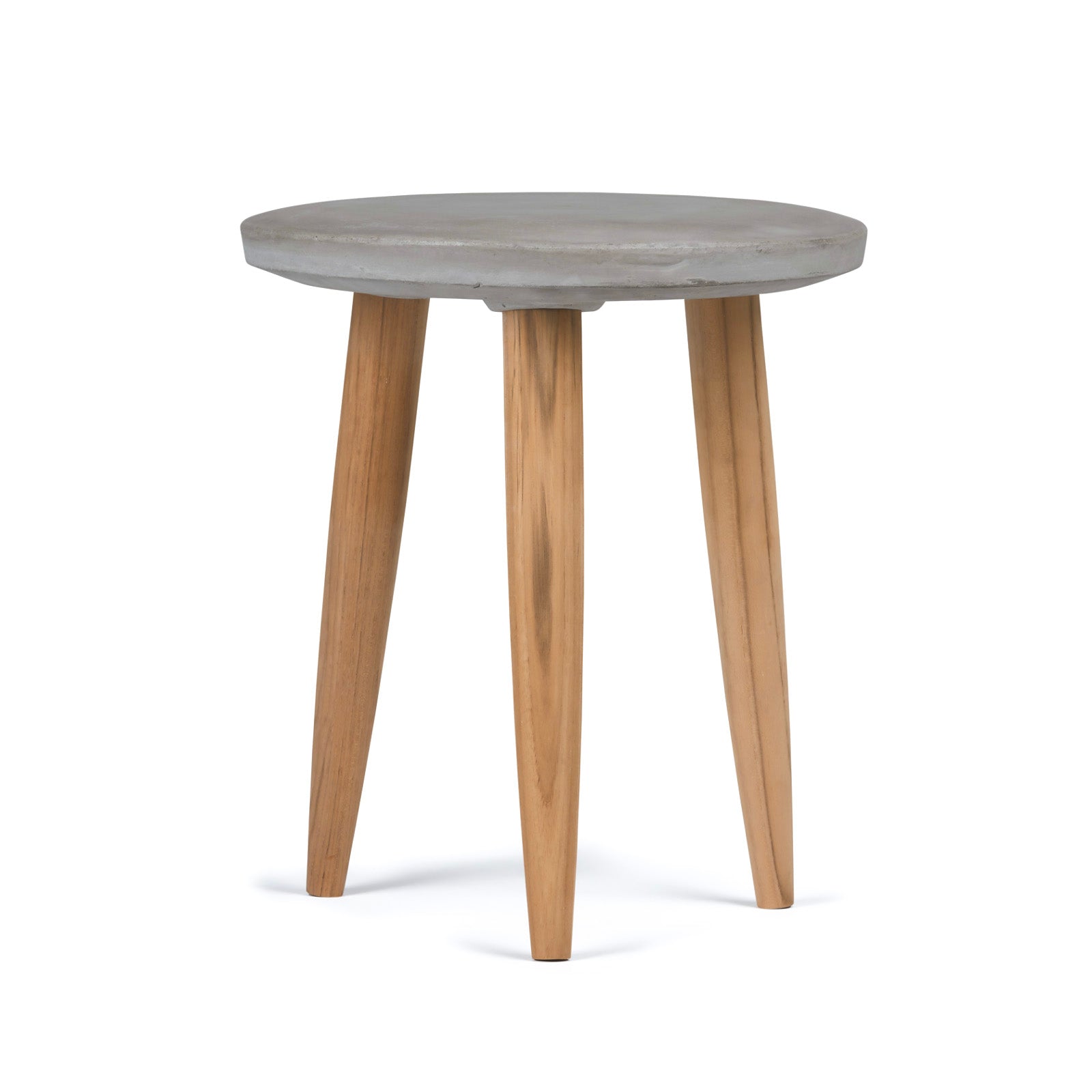 A round stool with a smooth, gray concrete top rests on three tapered wooden legs. The stool stands on a plain white background, highlighting its minimalist design.