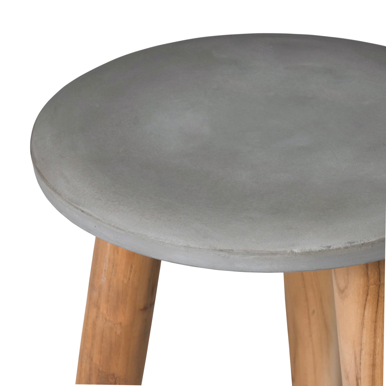 A round, gray concrete tabletop rests on wooden legs, presumably part of a stool, against a plain white background.