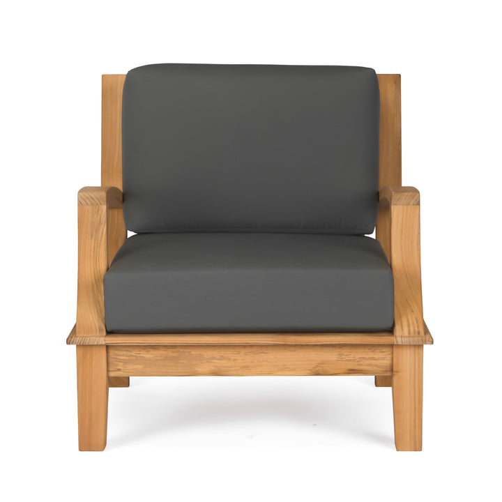 A wooden armchair features dark gray cushions on the seat and backrest, set against a plain white background.