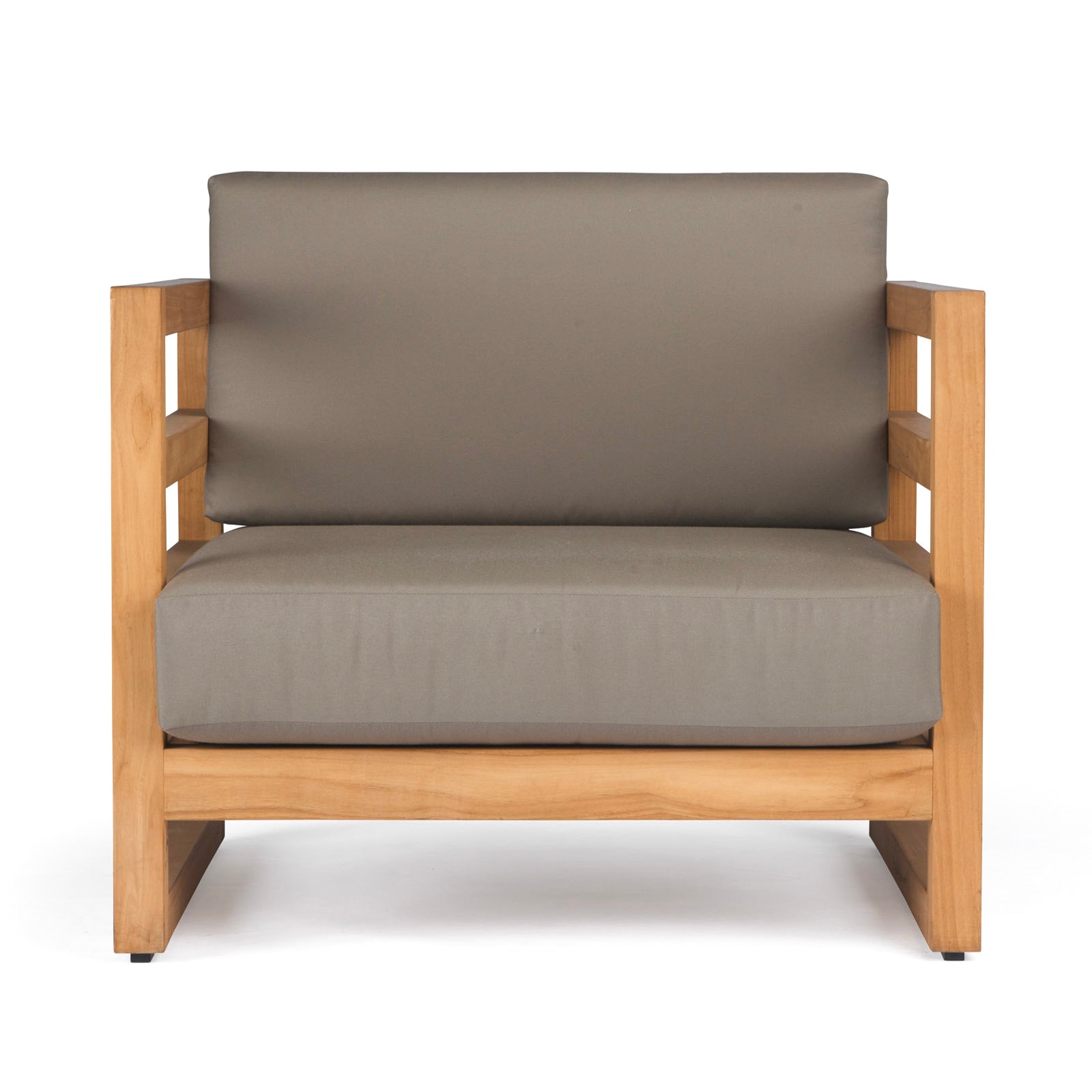 A wooden armchair with olive green cushions sits in a minimalistic setting, showcasing a modern design with straight lines and natural wood tones.