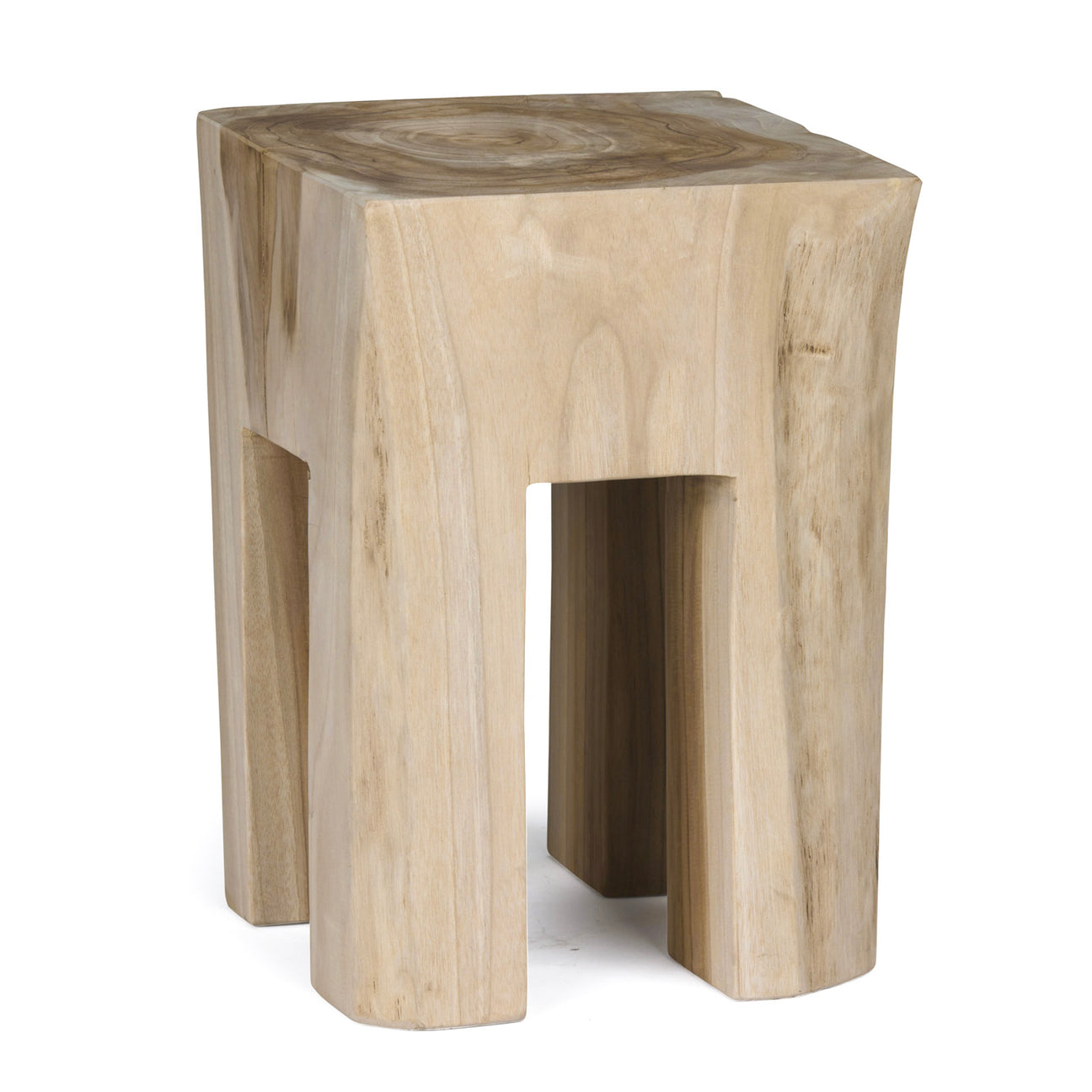 A wooden stool stands stationary indoors, featuring a square top and four thick legs with visible wood grain and natural finish.