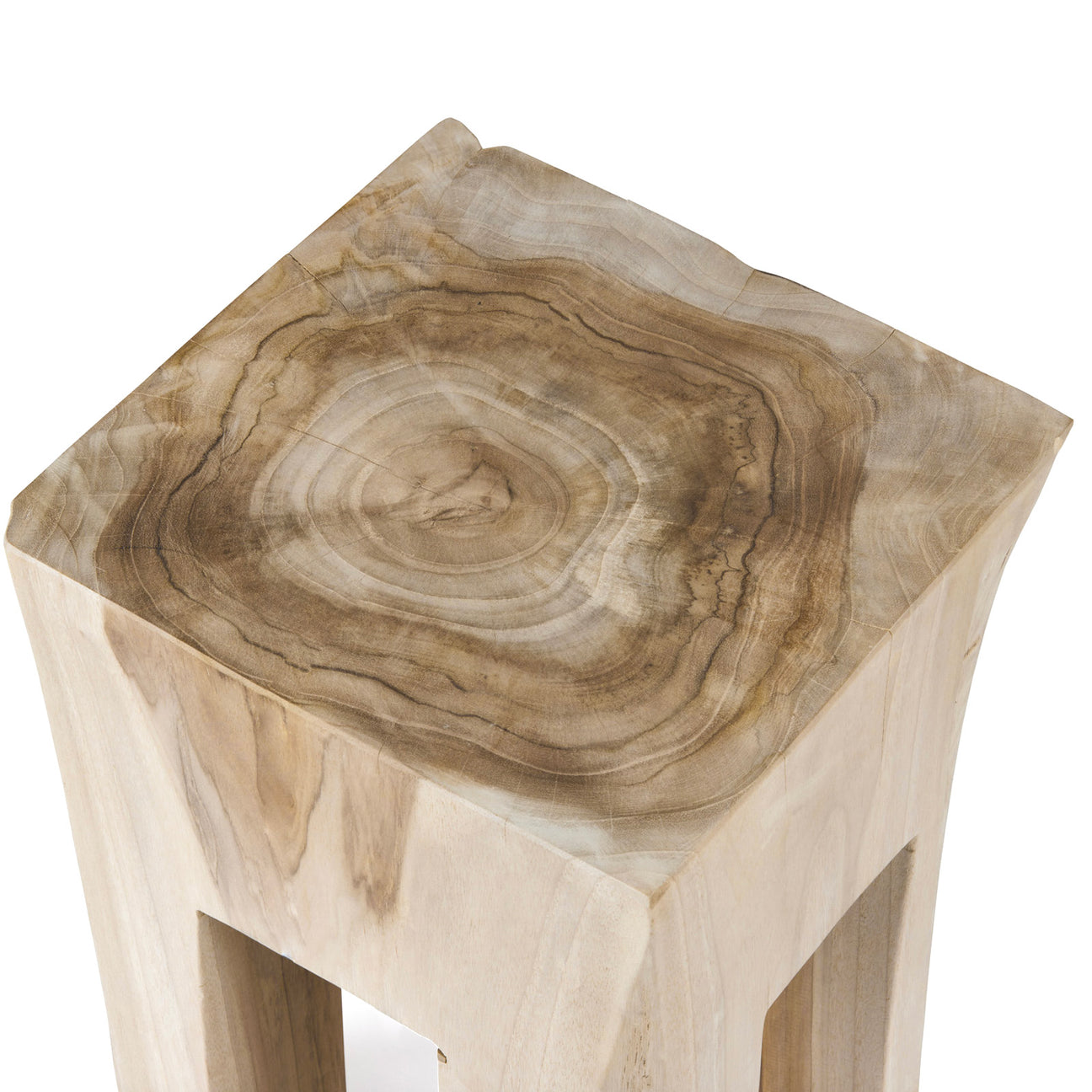 Square wooden stool featuring natural grain patterns, including concentric circles and contrasting shades. The polished surface highlights the intricate design. The stool is placed in a plain white setting.